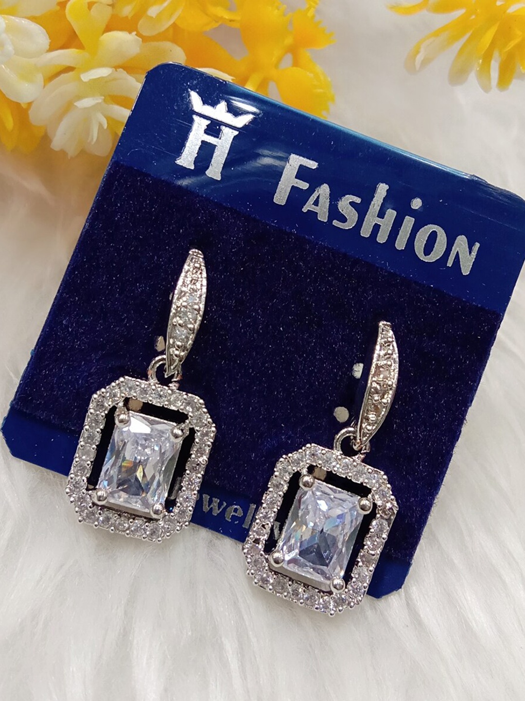 

The Pari Rhodium-Plated American Diamond Studded Contemporary Drop Earrings, Silver