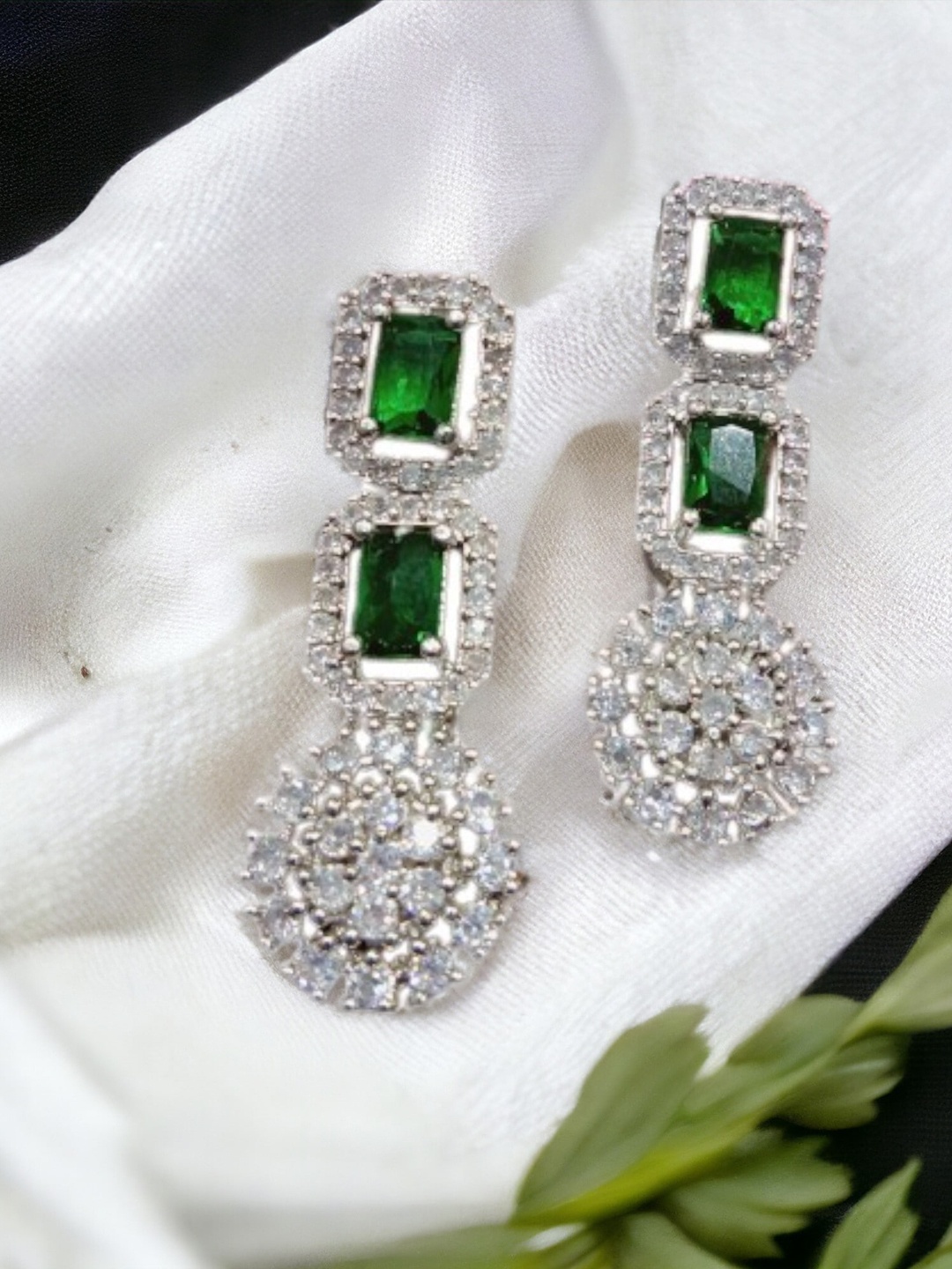 

The Pari Rhodium Plated Drop Earrings, Green