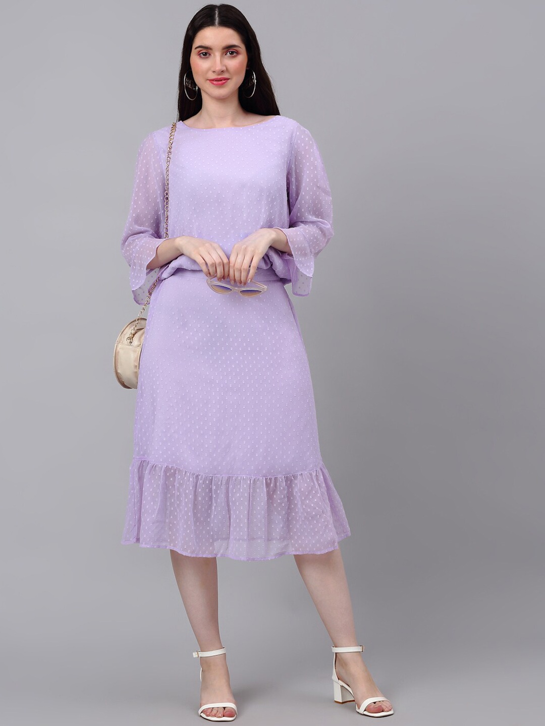 

NEUDIS Self Design Flared Sleeves Top With Skirt, Purple