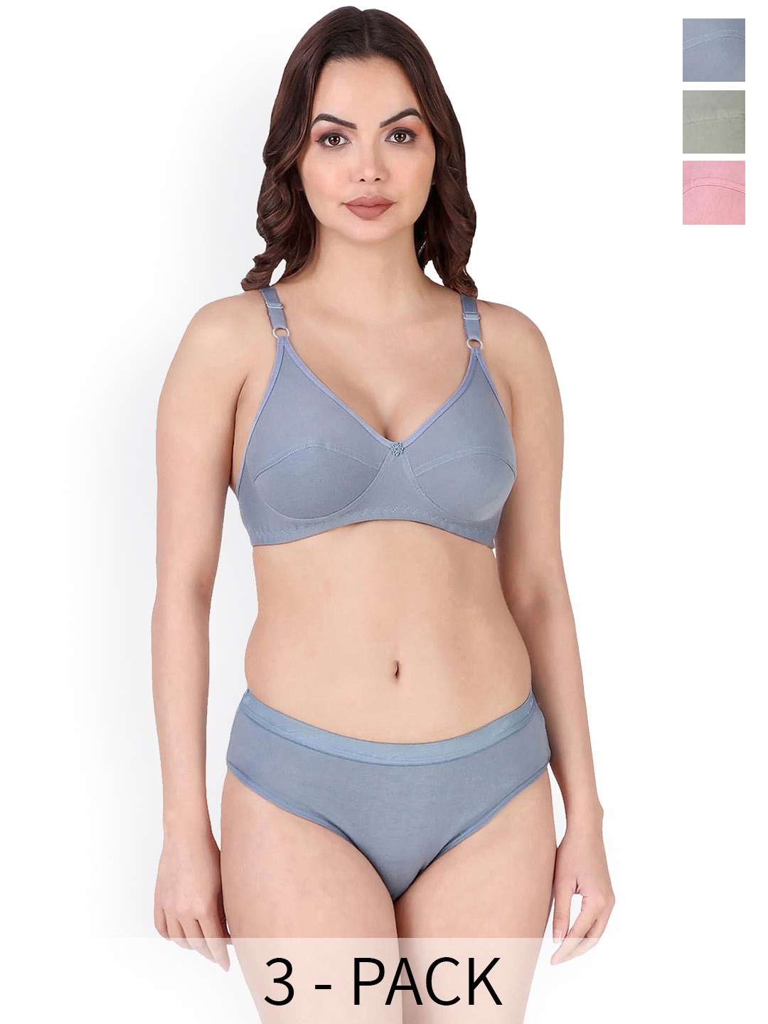 

AROUSY Pack Of 3 Cotton Non Padded Bra & Mid-Rise Briefs, Blue