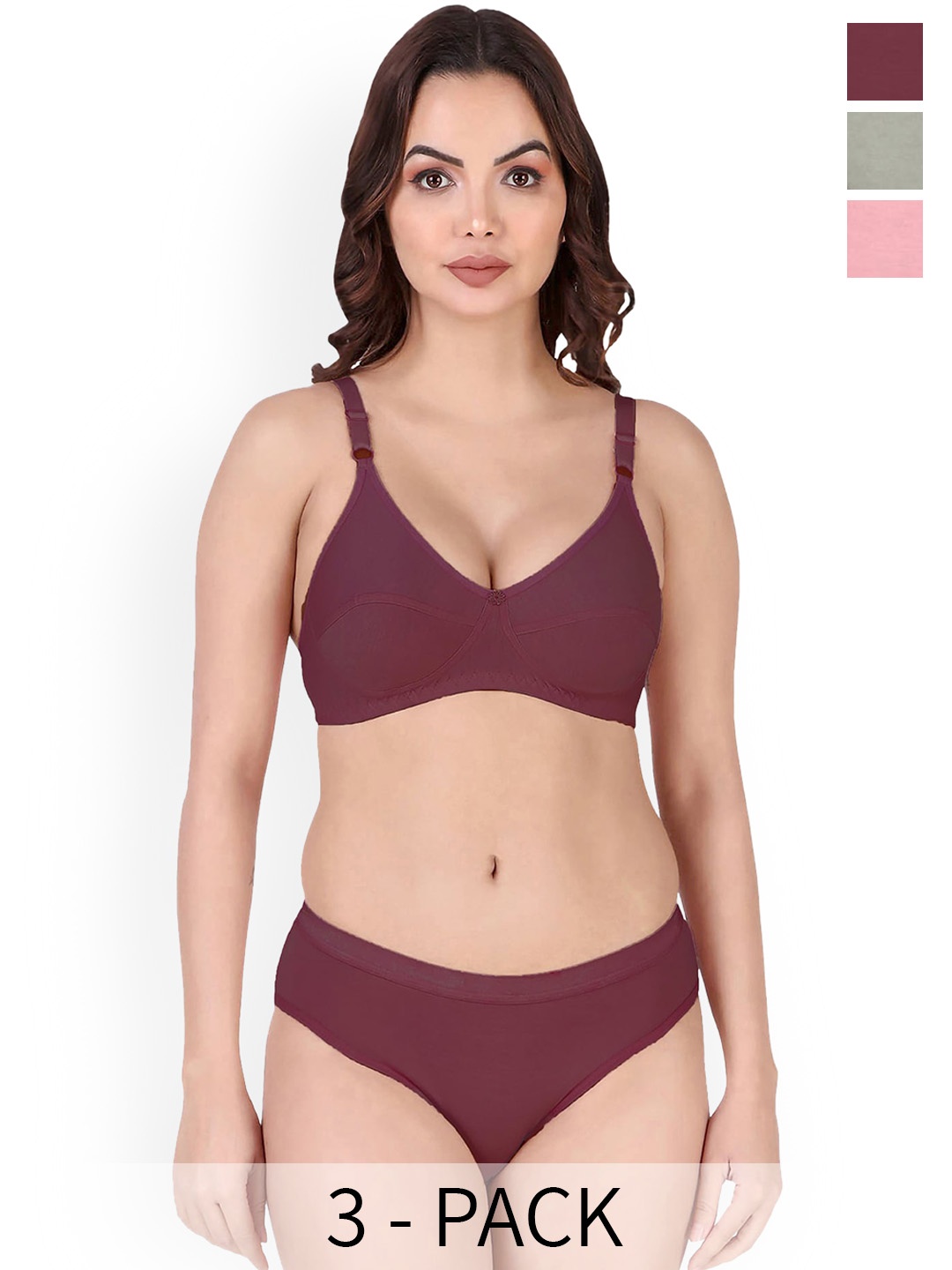 

AROUSY Pack Of 3 Cotton Lingerie Set Rinki Set3, Pink