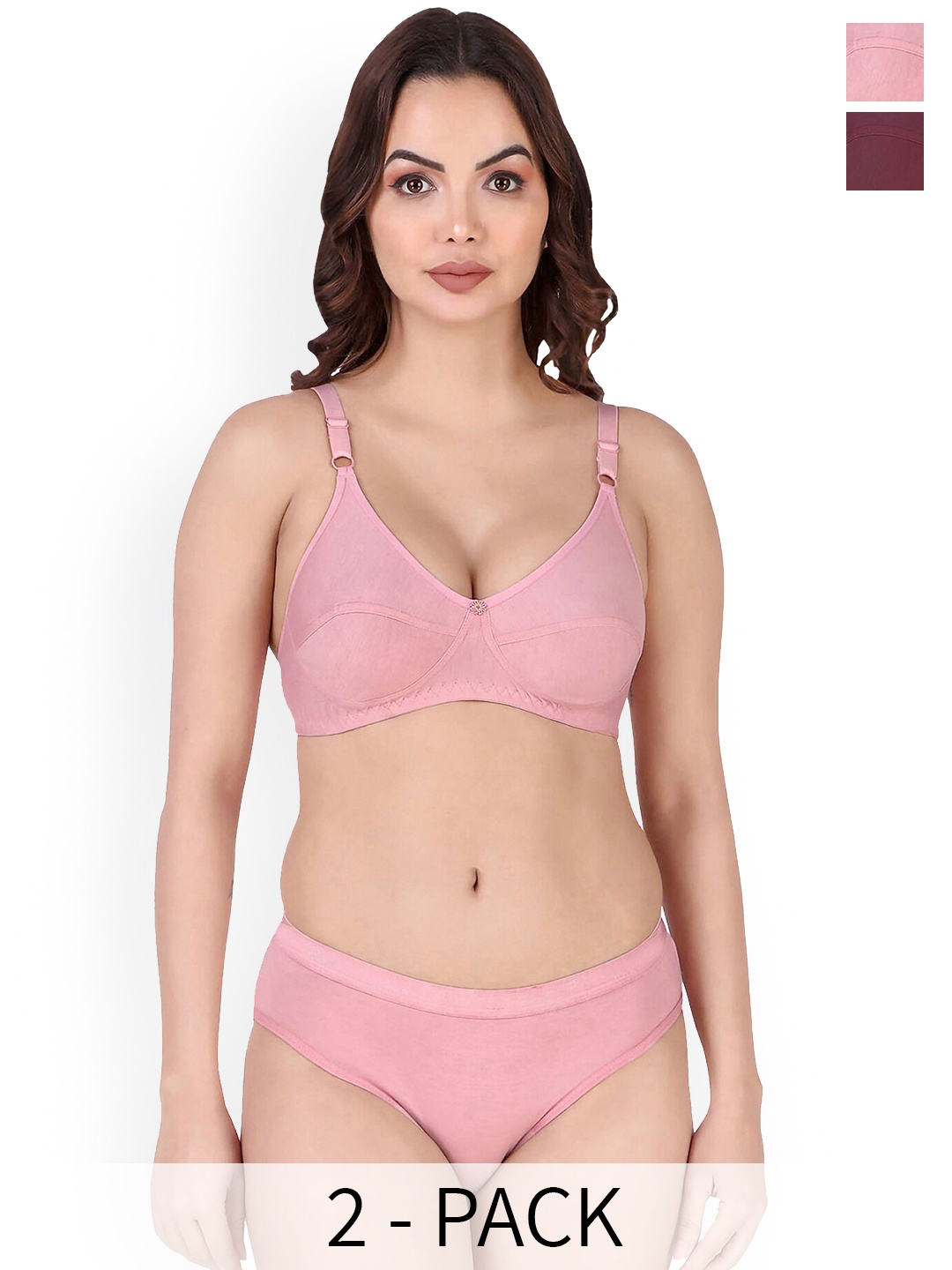 

AROUSY Pack Of 2 Non Padded Breathable Cotton Lingerie Set, Pink