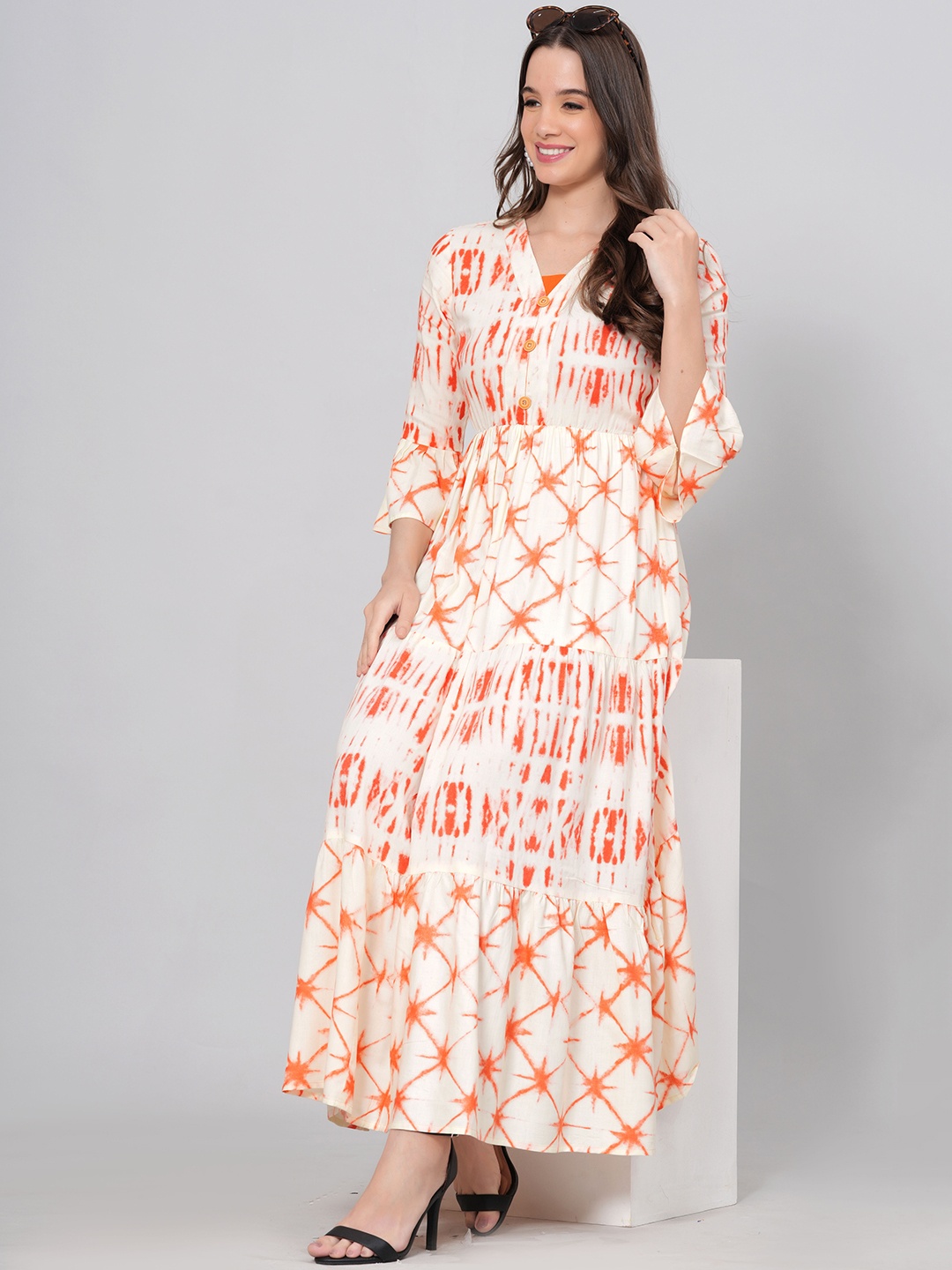 

DRESSAR Tie & Dye Dyed Liva Bell Sleeves Tiered Maxi Dress, White