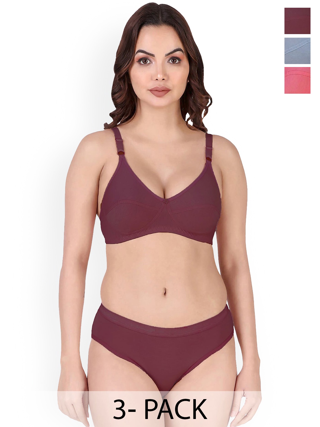 

PIBU Pack Of 3 Non Padded Cotton Lingerie Sets, Red