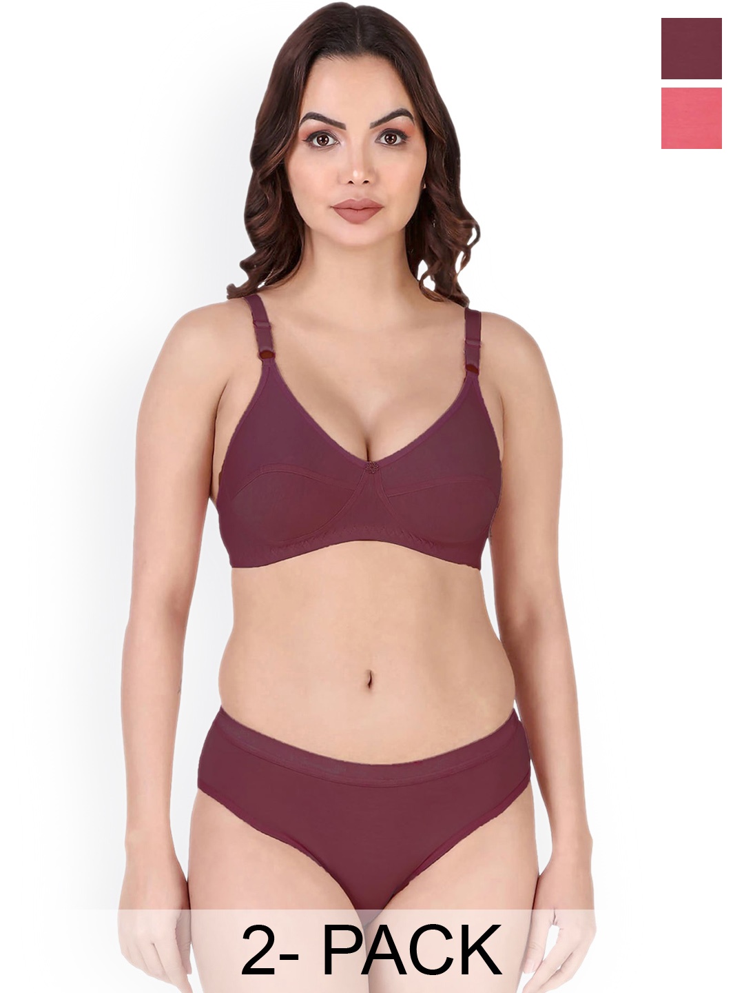 PIBU Pack Of 2 Cotton Lingerie Sets, Red