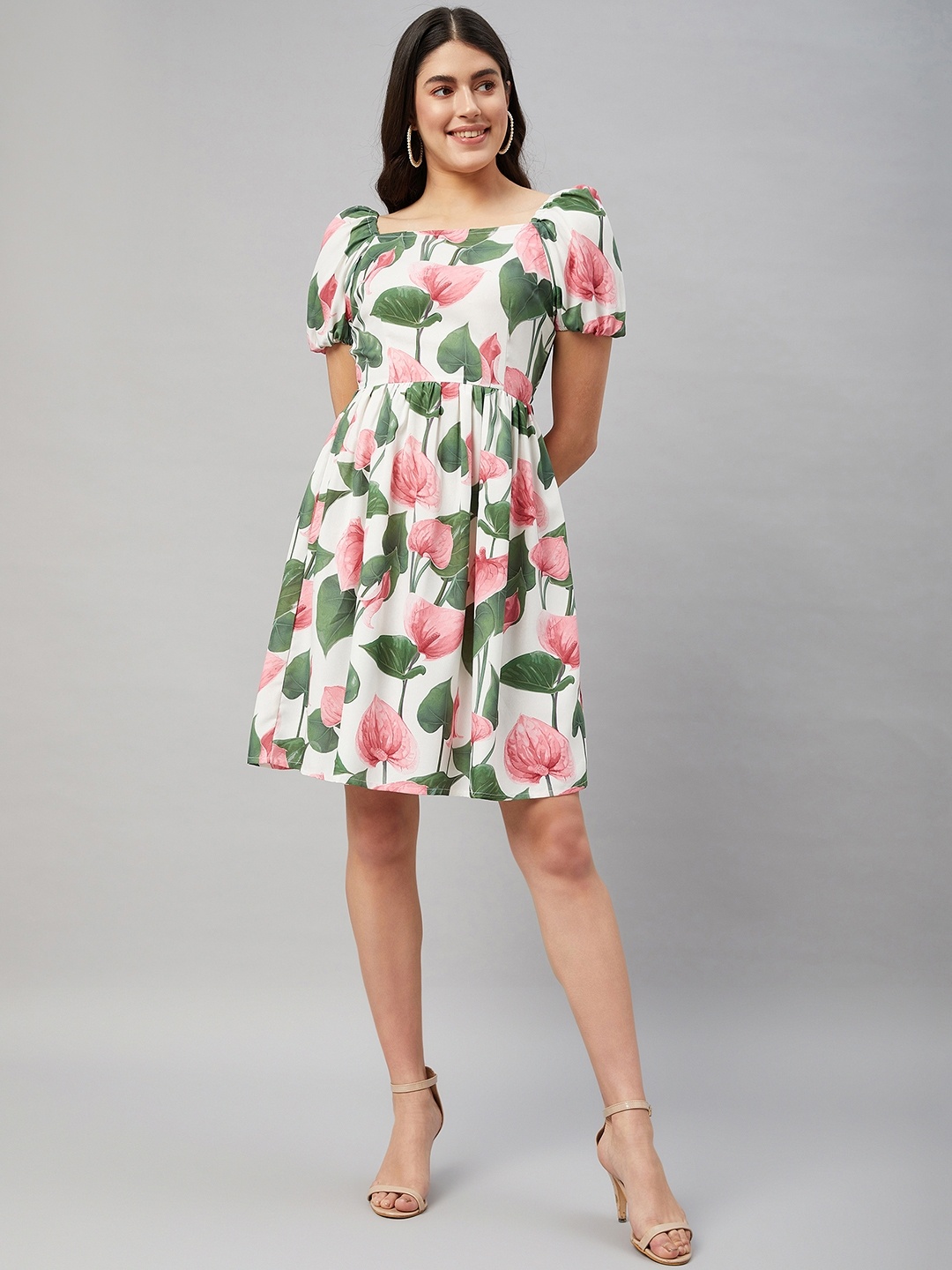 

Orchid Blues Floral Print Square Neck Puff Sleeves Tie-Ups Cotton Fit & Flare Dress, White