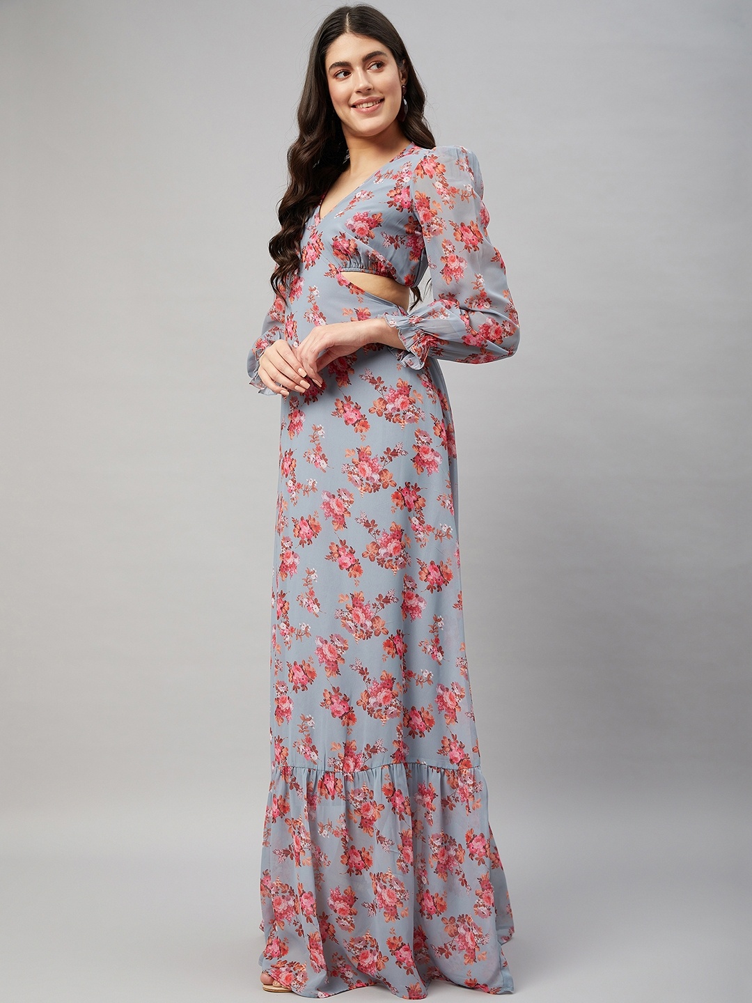 

Orchid Blues Floral Printed V-Neck Puff Sleeve Cut Outs Georgette Maxi Dress, Grey