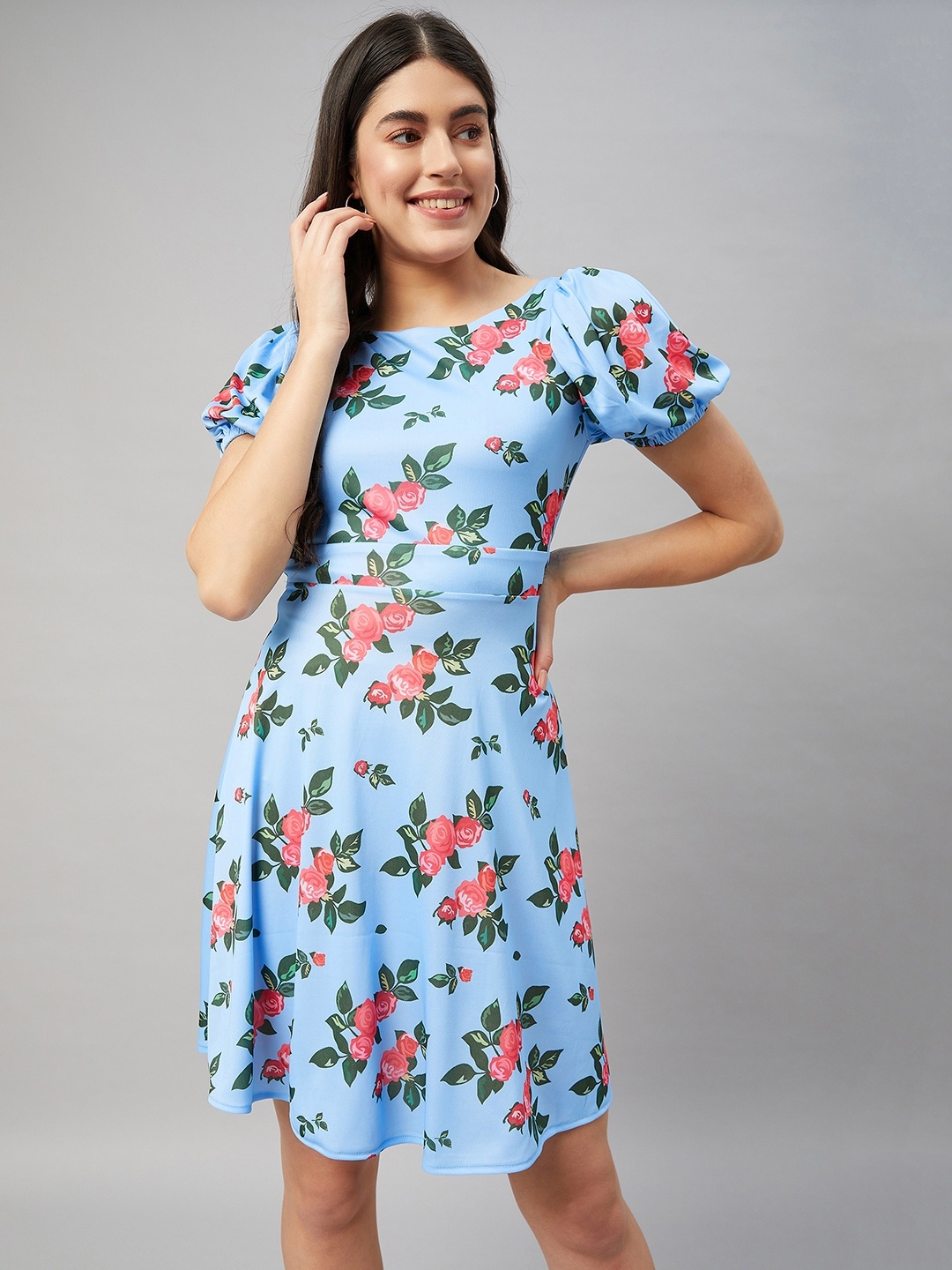 

Orchid Blues Floral Print Puff Sleeve A-Line Dress, Blue