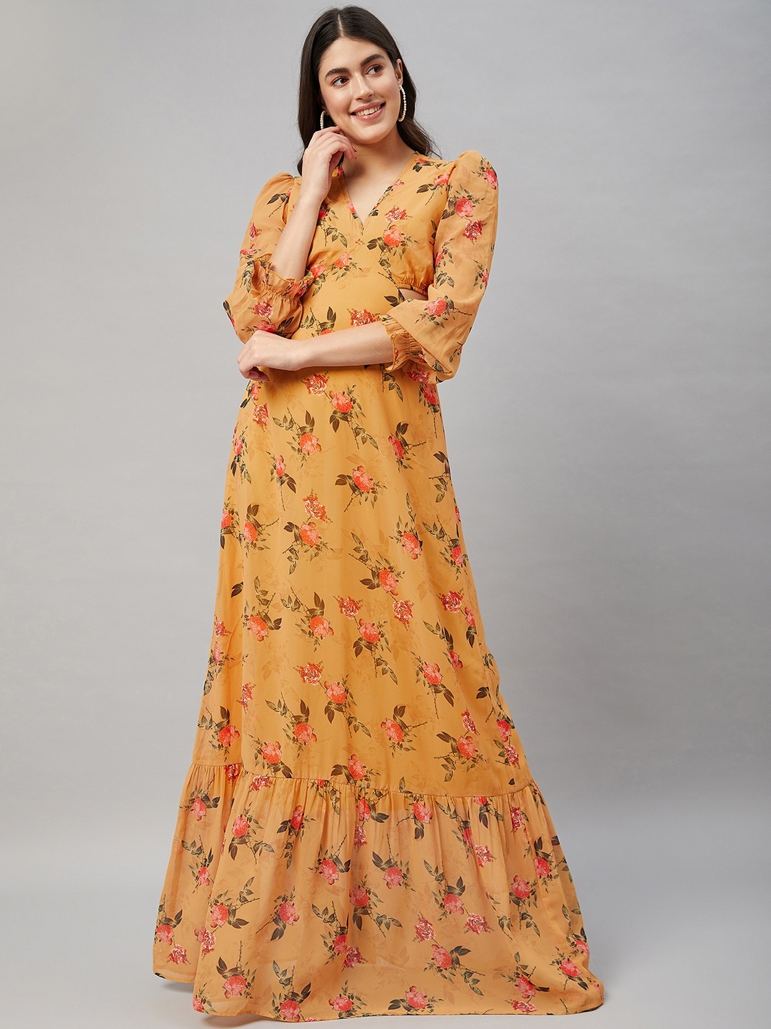 

Orchid Blues Floral Printed V-Neck Puff Sleeve Cut Outs Georgette Maxi Dress, Mustard