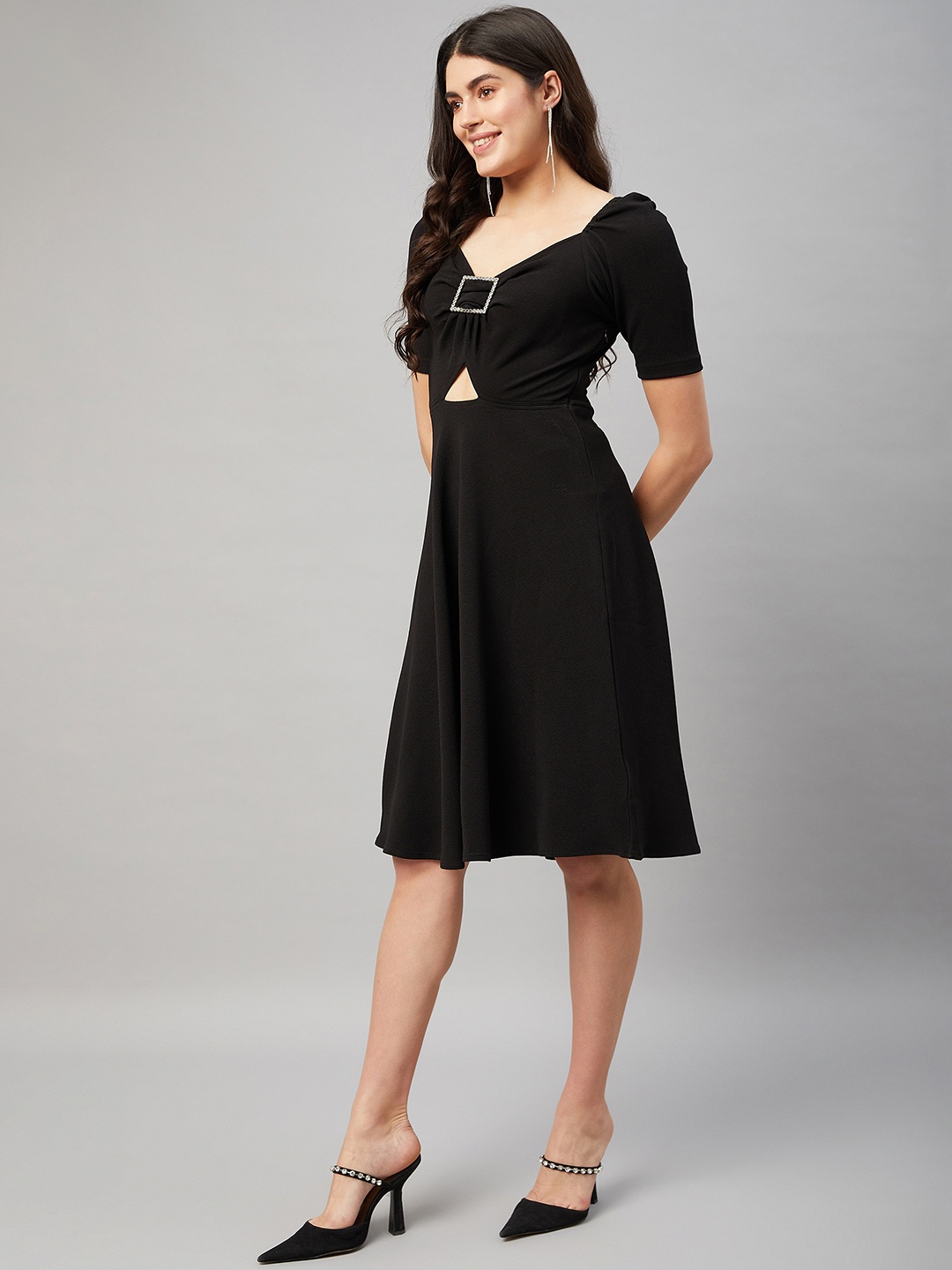 

Orchid Blues Sweetheart Neck Puff Sleeve Cut Outs Fit & Flare Dress, Black