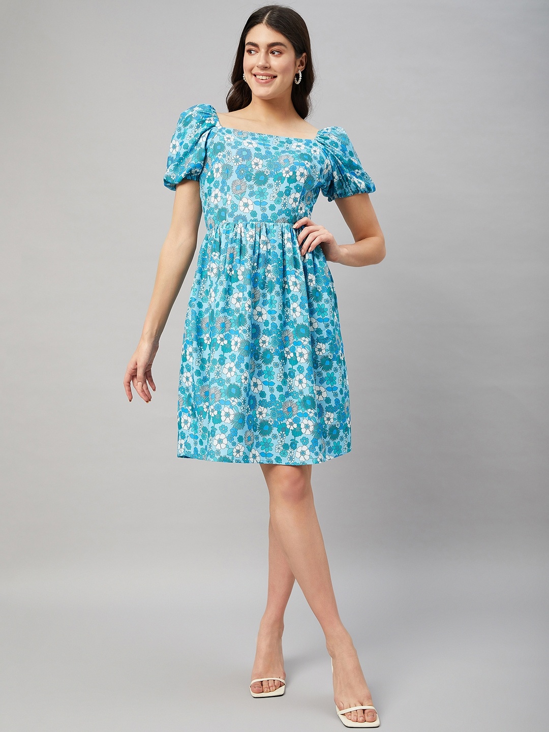 

Orchid Blues Floral Printed Puff Sleeve Cotton Fit & Flare Dress, Blue