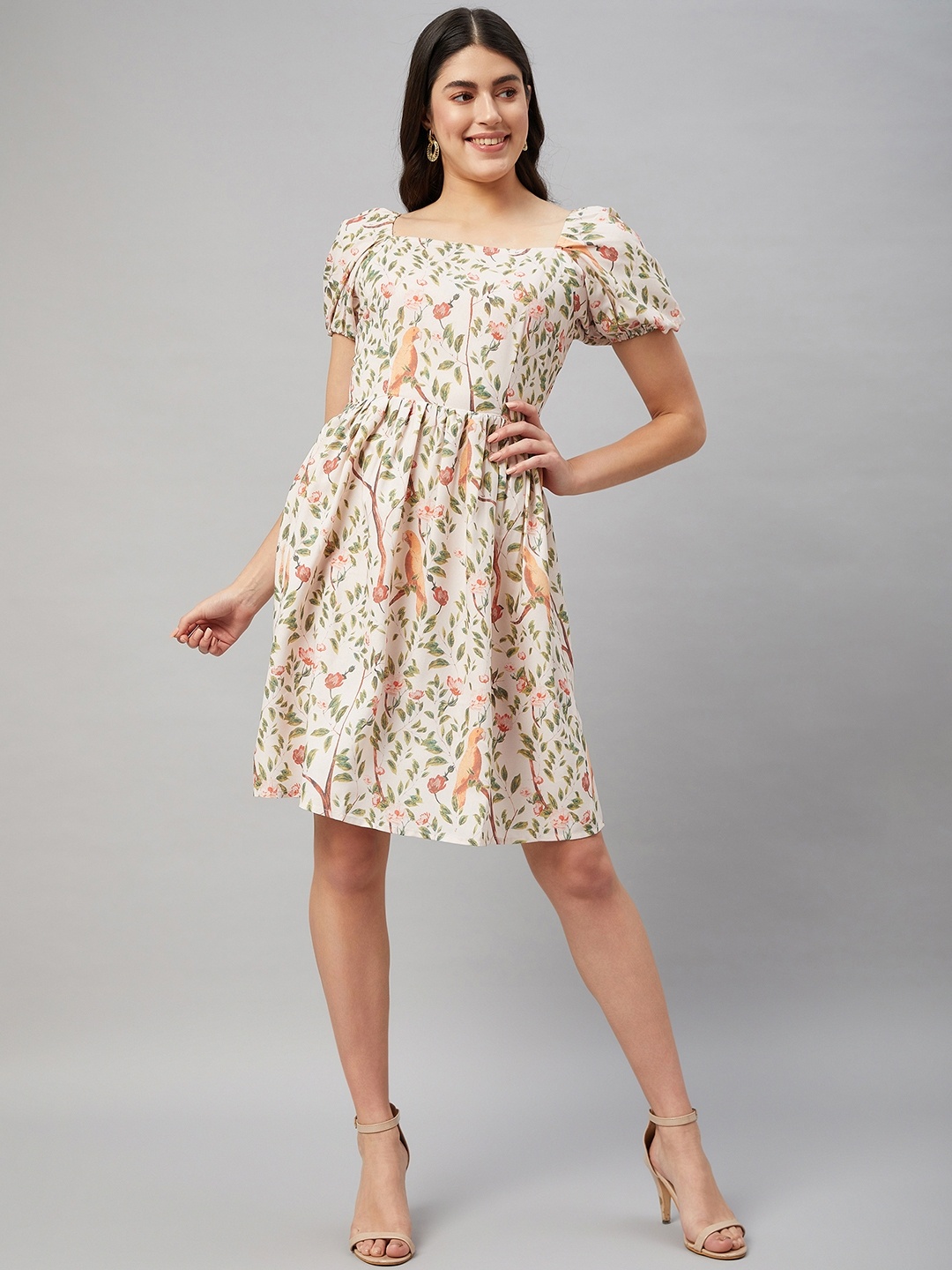 

Orchid Blues Floral Print Square Neck Puff Sleeves Tie-Ups Cotton Fit & Flare Dress, Beige