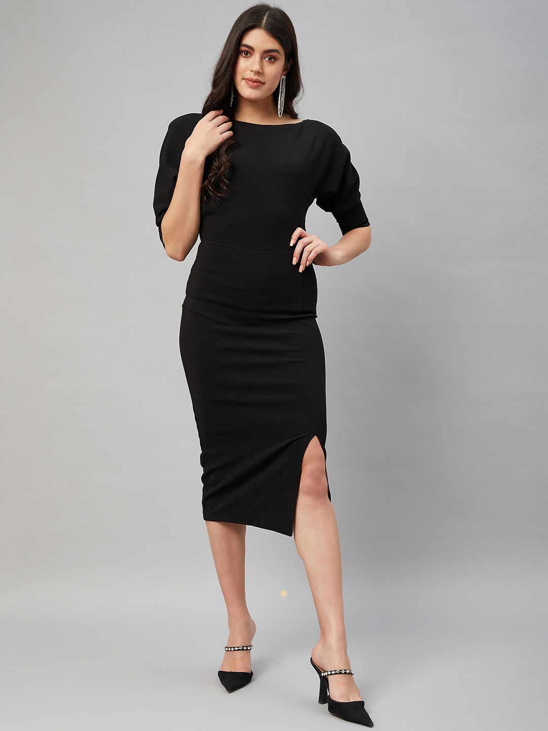 

Orchid Blues Puff Sleeve Bodycon Midi Dress, Black
