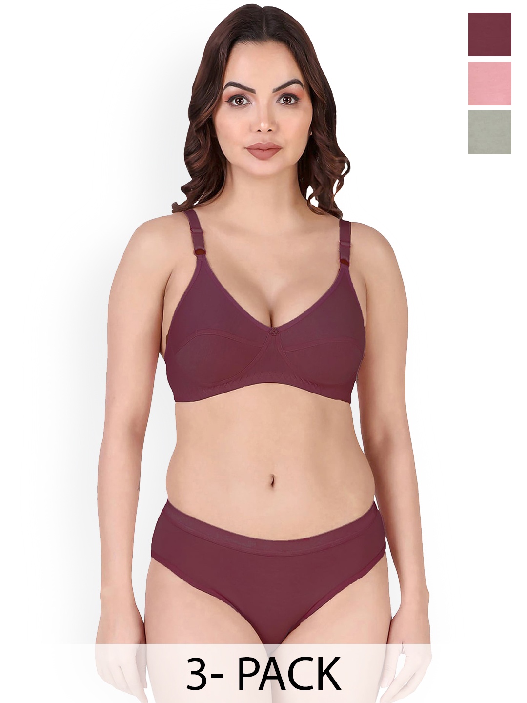 

Aamarsh Pack Of 3 Cotton Non Padded Bra & Mid-Rise Briefs, Pink
