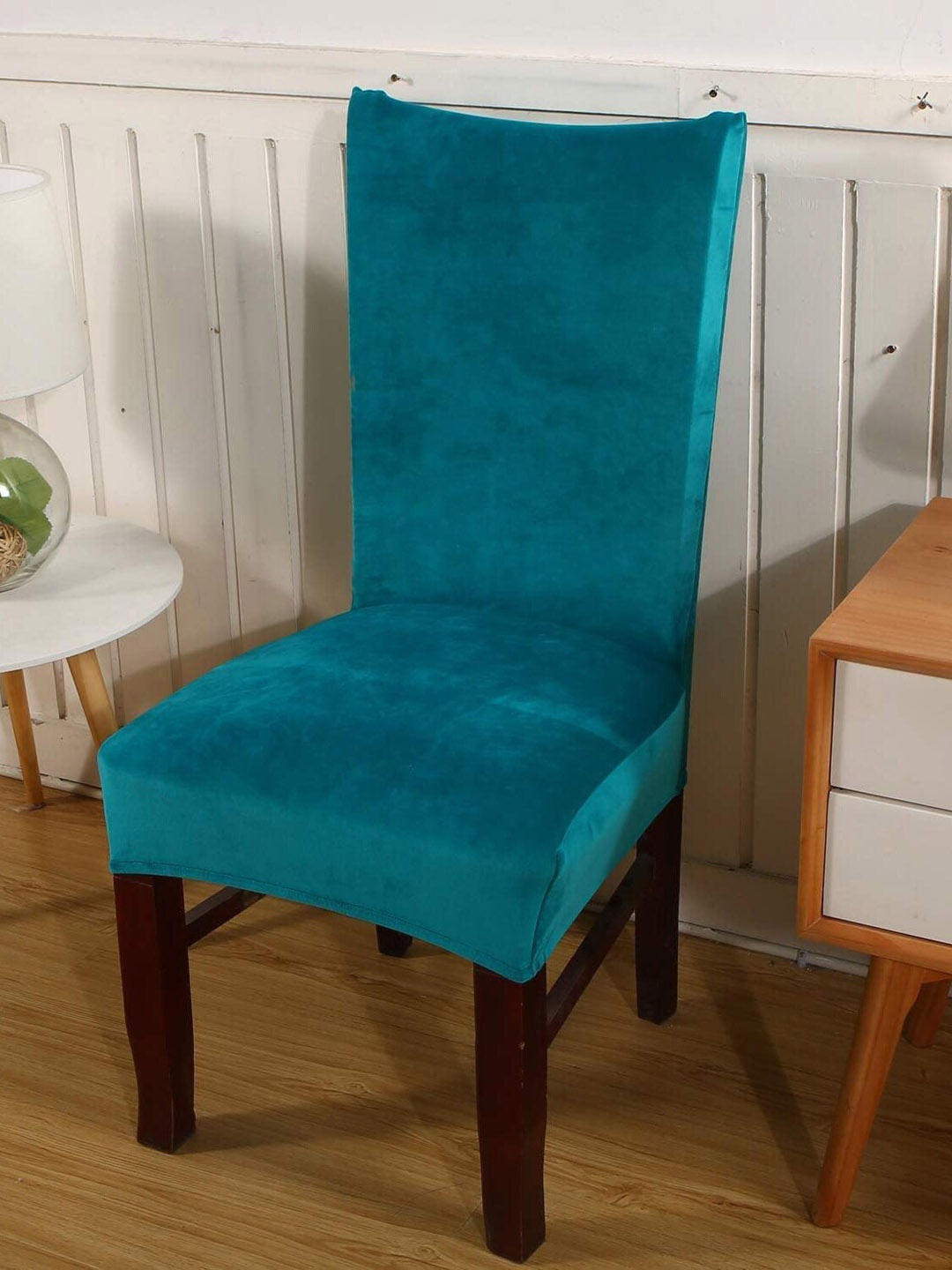 

HOUSE OF QUIRK Teal Blue Velvet Stretchable & Removable Dining Table Chair Cover