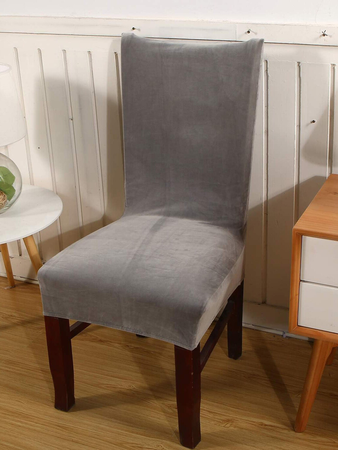 

HOUSE OF QUIRK Grey 2 Pieces Velvet Stretchable & Removable Dining Table Chair Covers