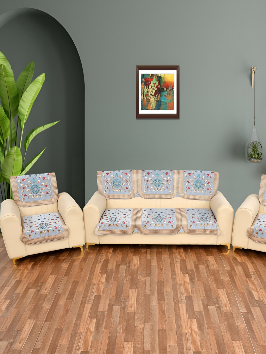 

MULTITEX Turquoise Blue & Red Printed Velvet 5 Piece Sofa Cover