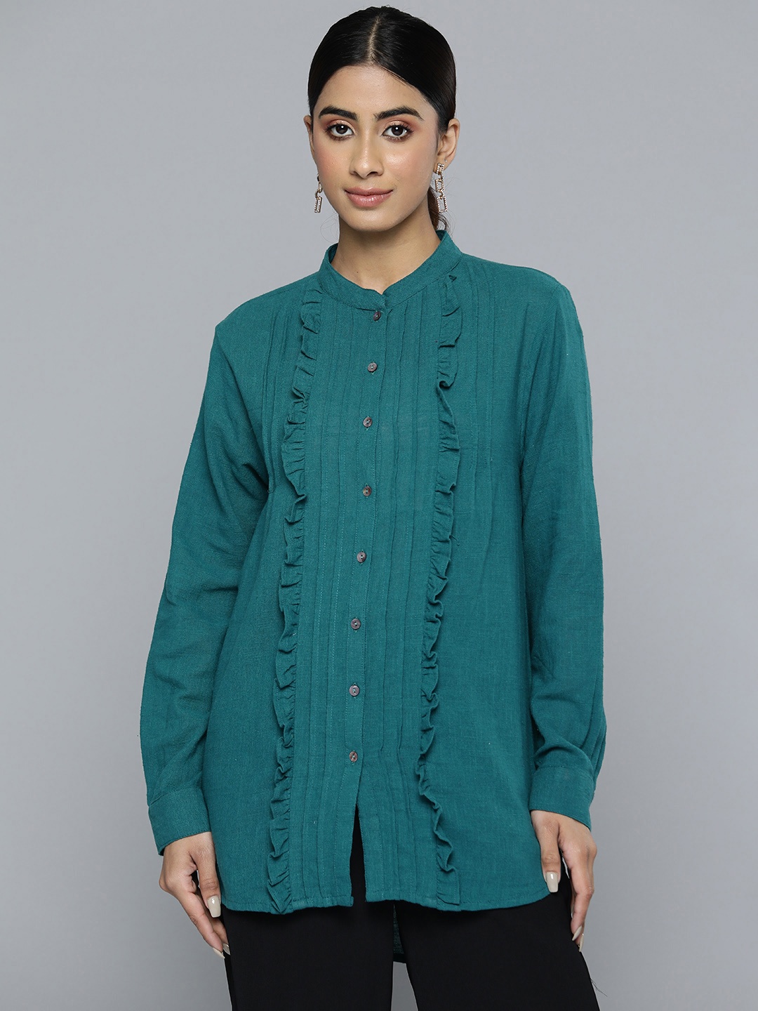 

SCOUP Mandarin Collar Ruffles Cotton Shirt Style Longline Top, Green