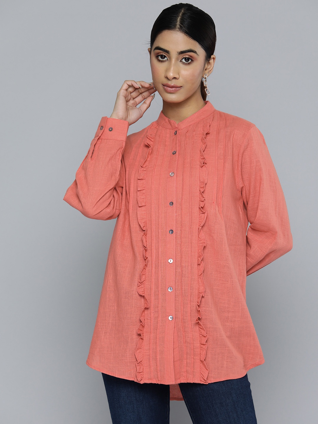 

SCOUP Mandarin Collar Ruffles Cotton Shirt Style Longline Top, Coral