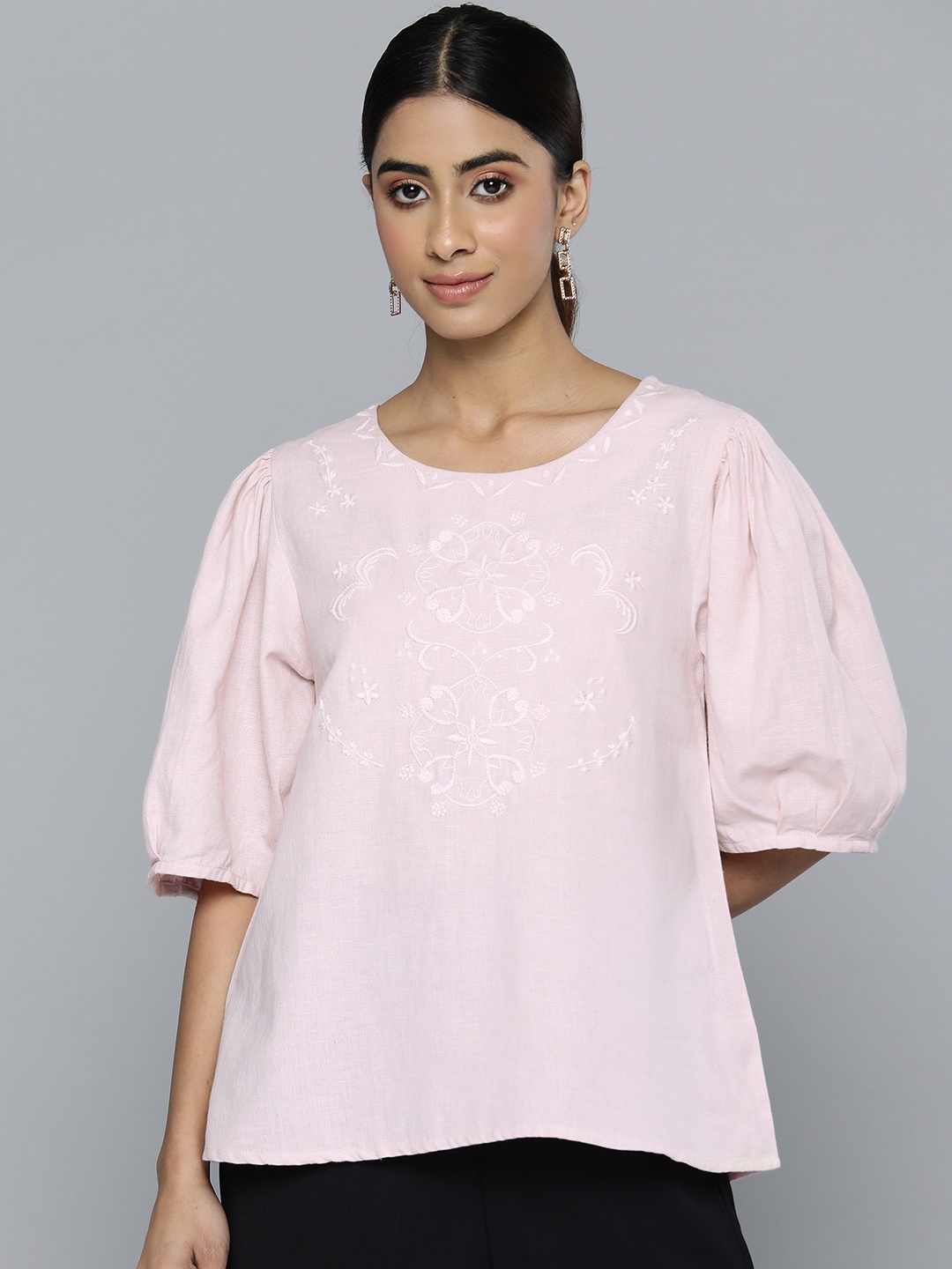 

SCOUP Floral Embroidered Puff Sleeve Linen Top, Pink