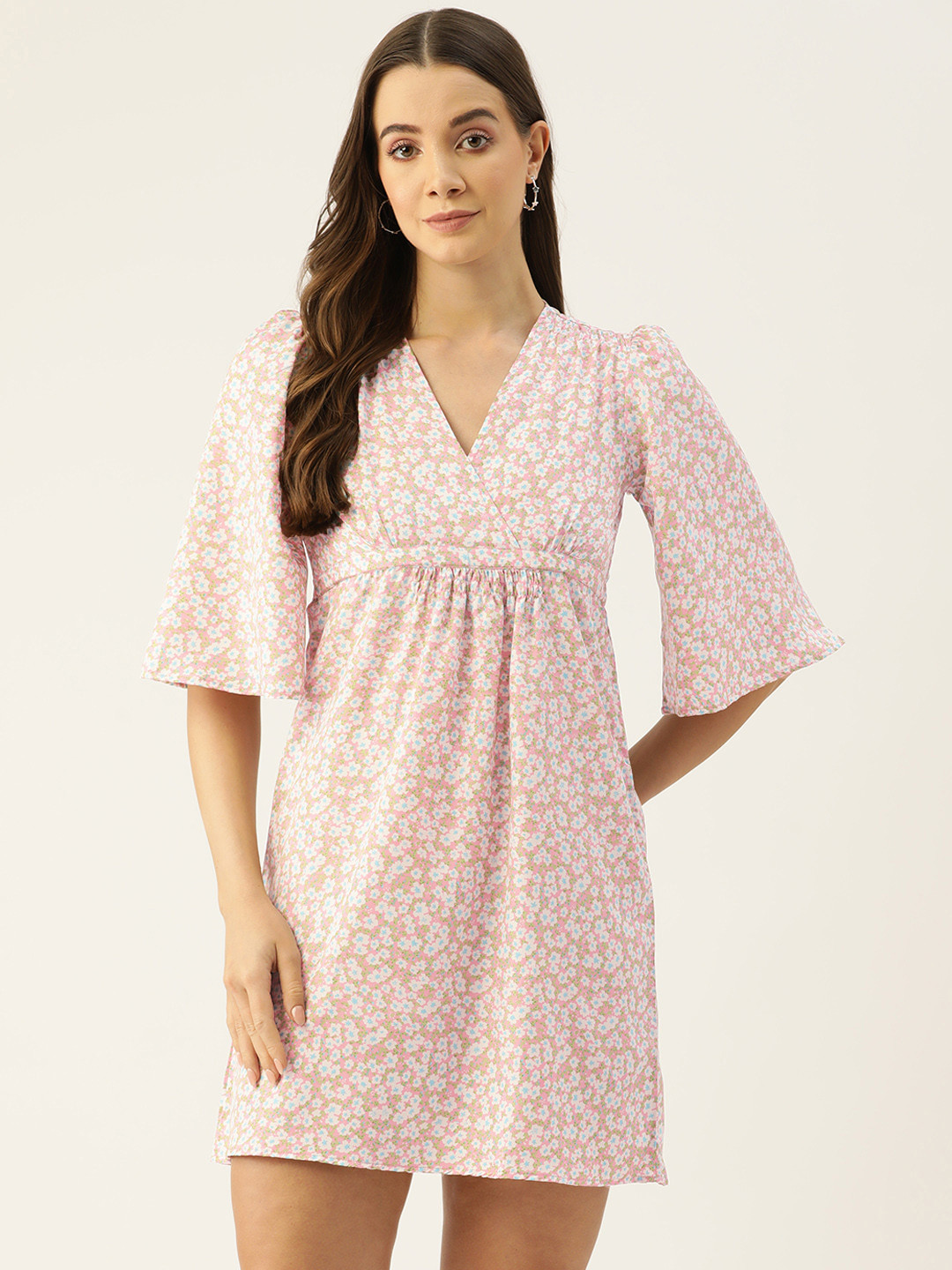 

ETC Floral Print Flared Sleeve Crepe Dress, Pink