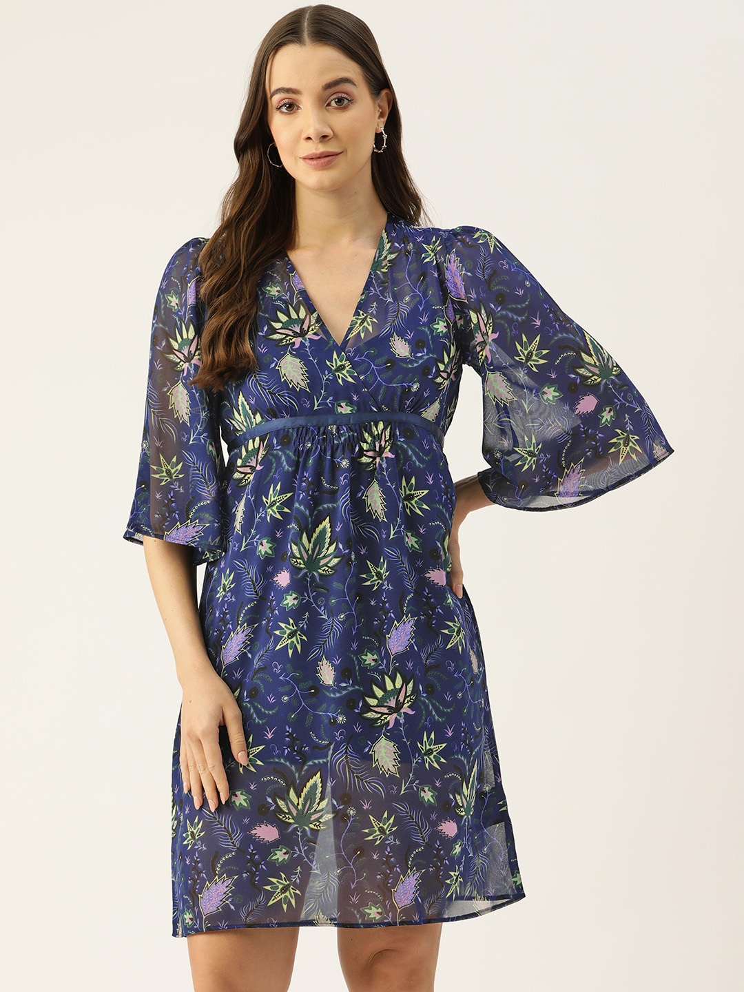 

ETC Floral Print Flared Sleeve Georgette Dress, Navy blue
