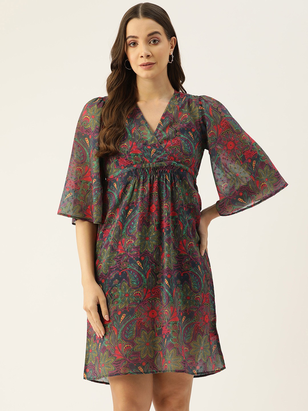 

ETC Floral Print Flared Sleeve Georgette Dress, Pink