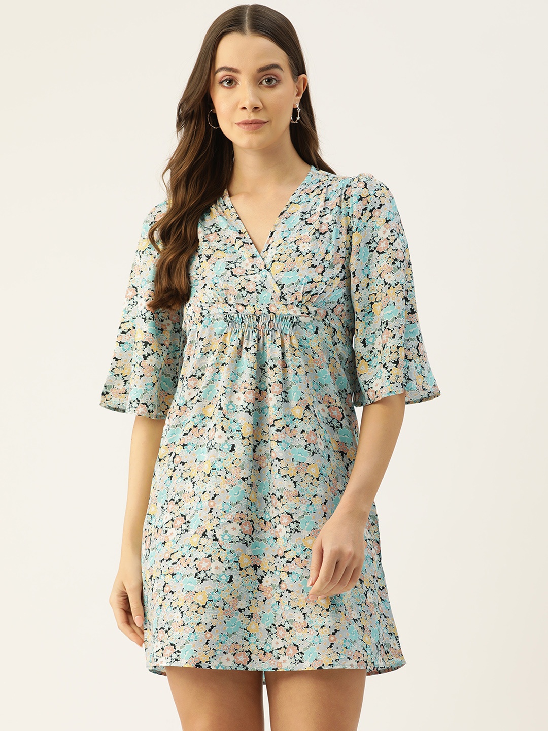 

ETC Floral Print Flared Sleeve Crepe Dress, Turquoise blue