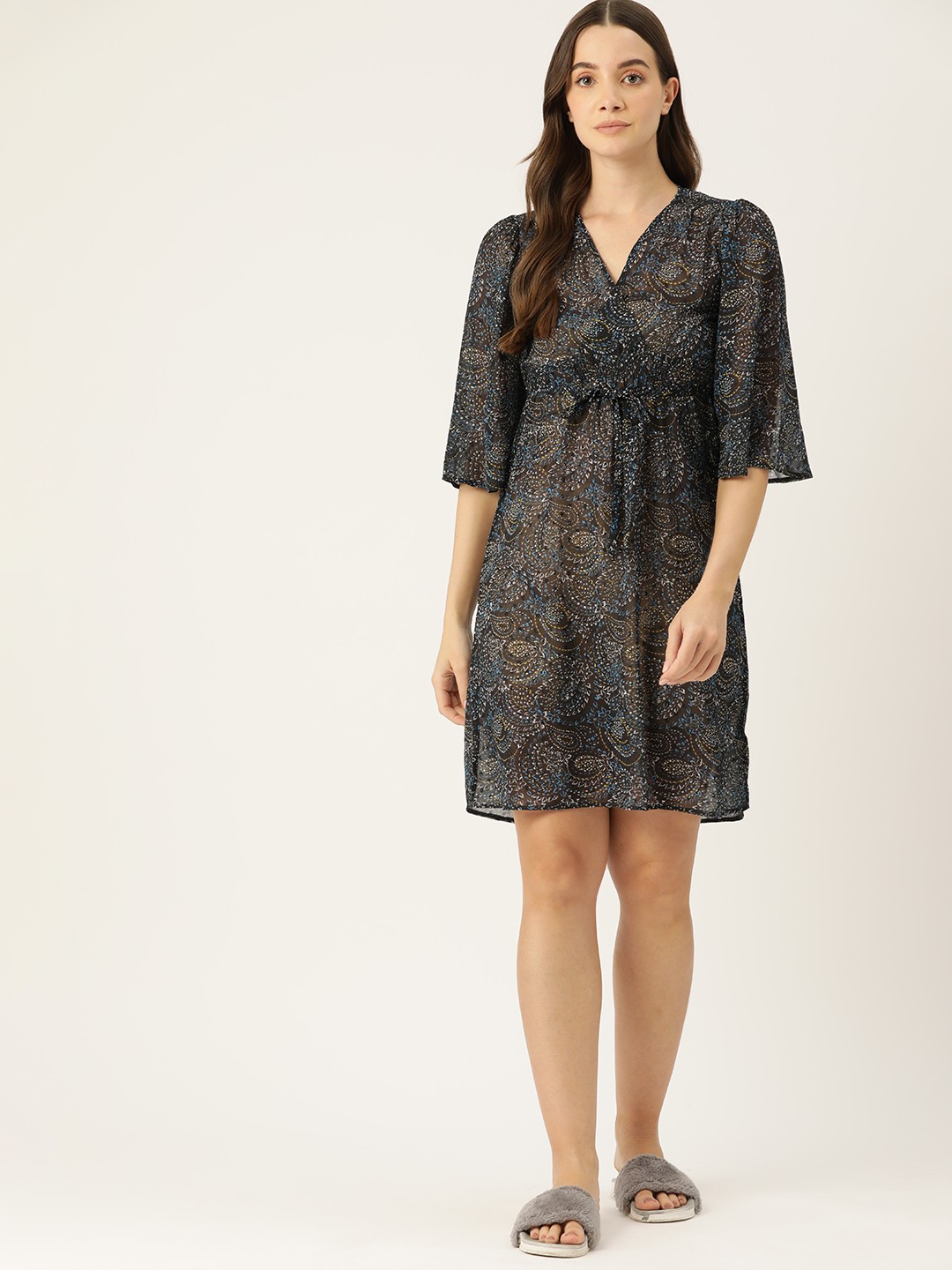 

ETC Ethnic Motifs Print Flared Sleeve Georgette A-Line Dress, Blue
