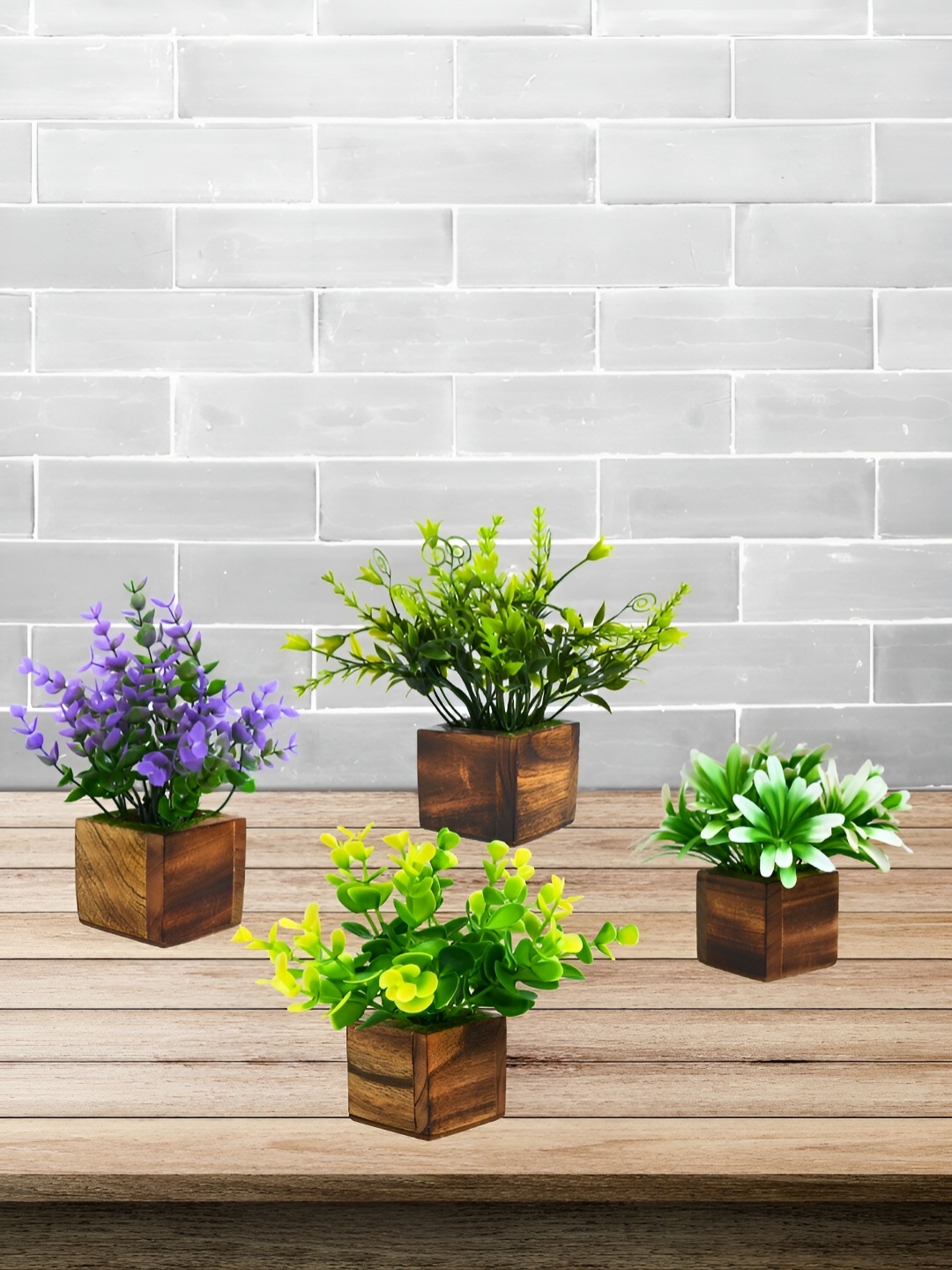 

DECOREBUGS Purple & Green 4 Pieces Artificial Plant With Pot