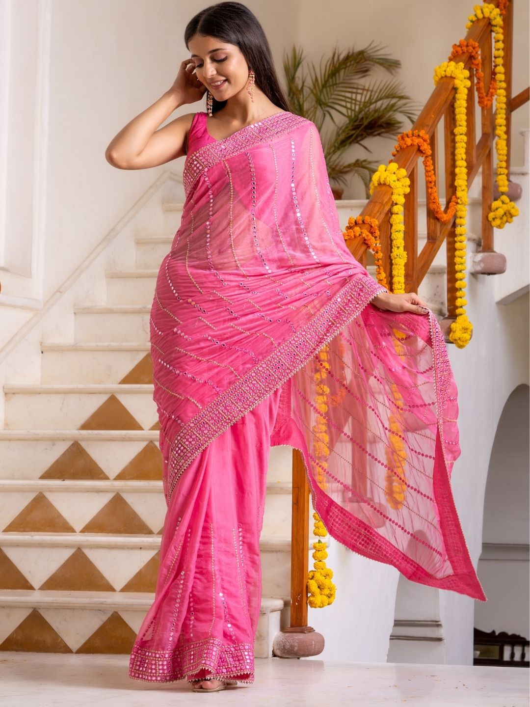 

PRETTY PALLU Embellished Mirror Work Chiffon Saree, Pink