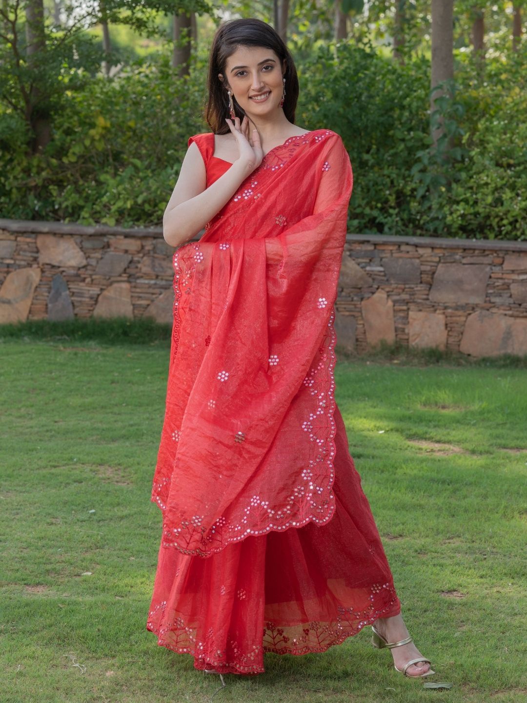 

PRETTY PALLU Embellished Mirror Work Pure Chiffon Saree, Red