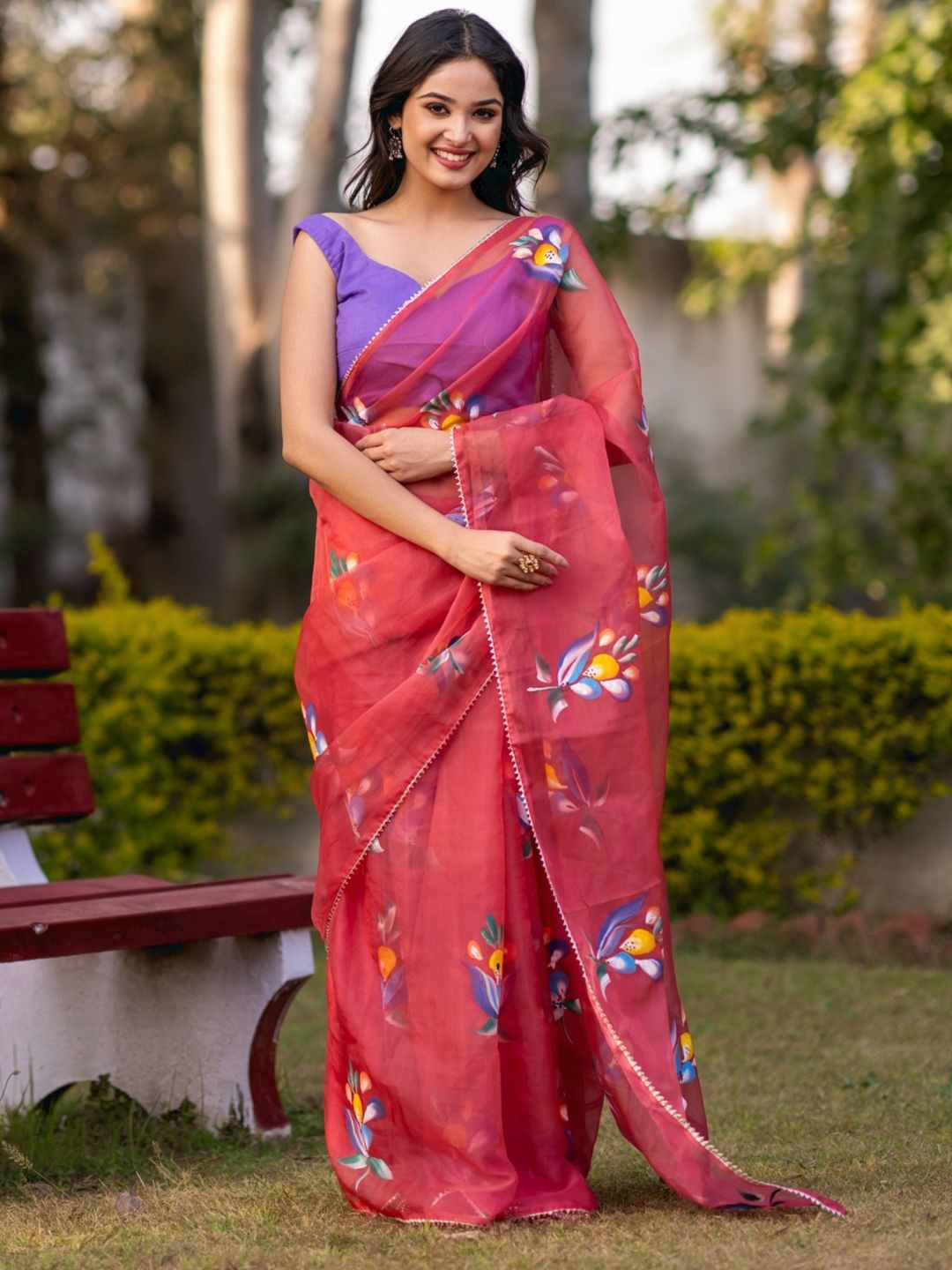 

PRETTY PALLU Floral Organza Saree, Red