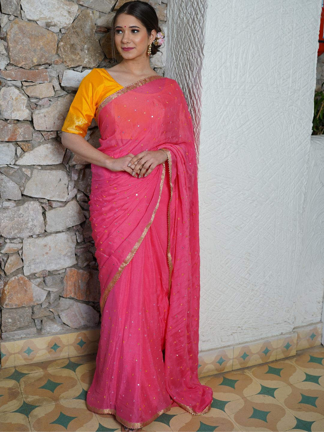 

PRETTY PALLU Embellished Mirror Work Chiffon Saree, Pink
