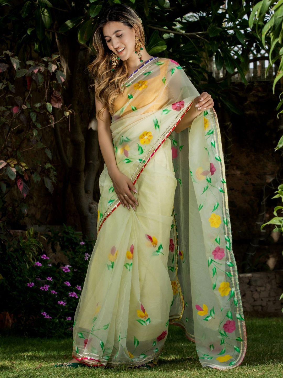 PRETTY PALLU Floral Organza Saree, Yellow