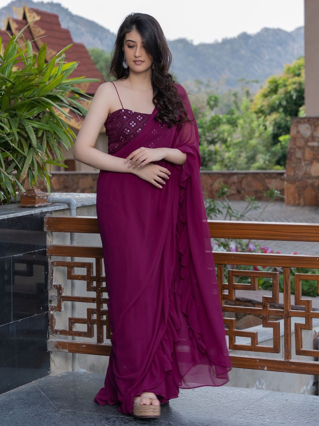 

PRETTY PALLU Mirror Work Georgette Saree, Burgundy