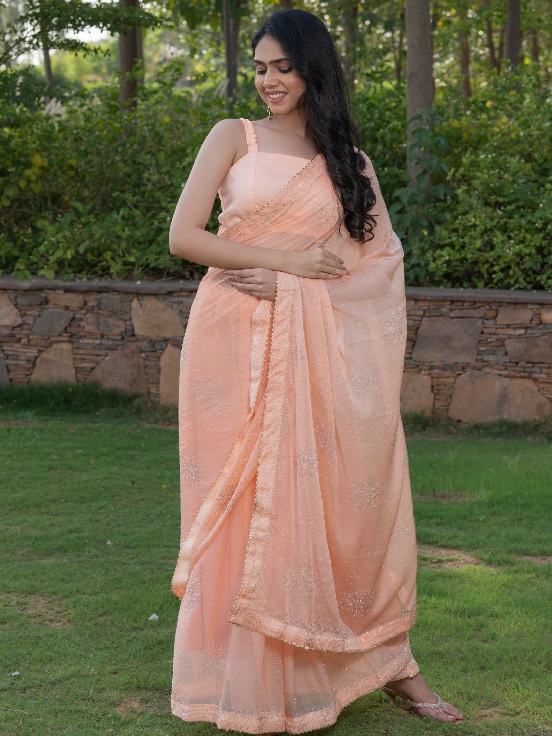 

PRETTY PALLU Beads and Stones Pure Chiffon Saree, Peach