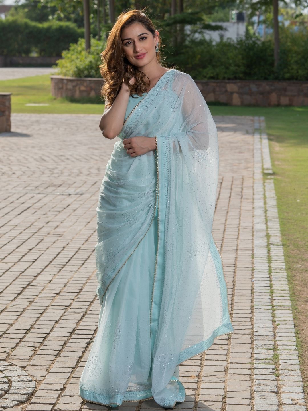 

PRETTY PALLU Embellished Beads and Stones Pure Chiffon Saree, Blue