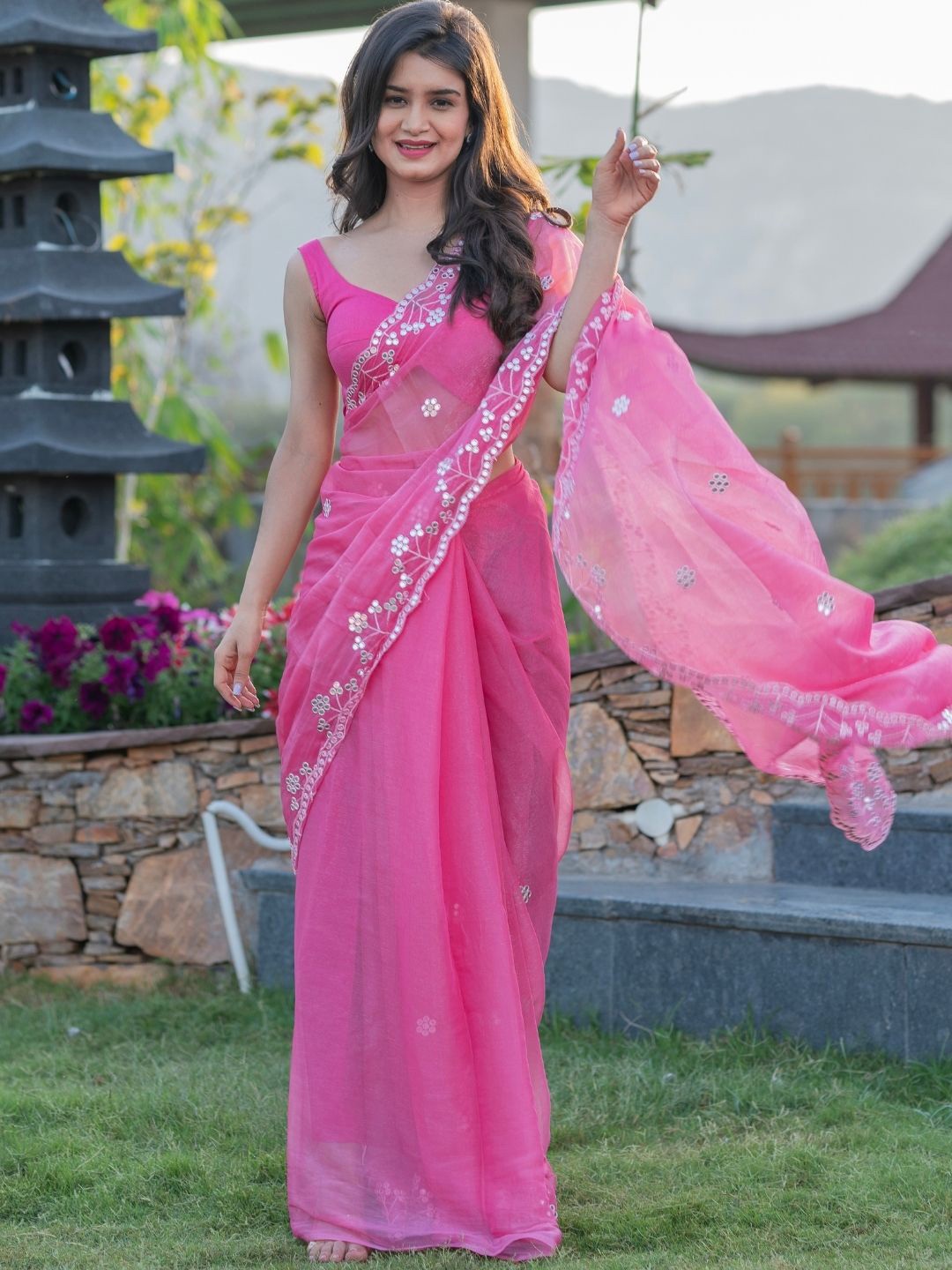 

PRETTY PALLU Embellished Mirror Work Pure Chiffon Saree, Pink