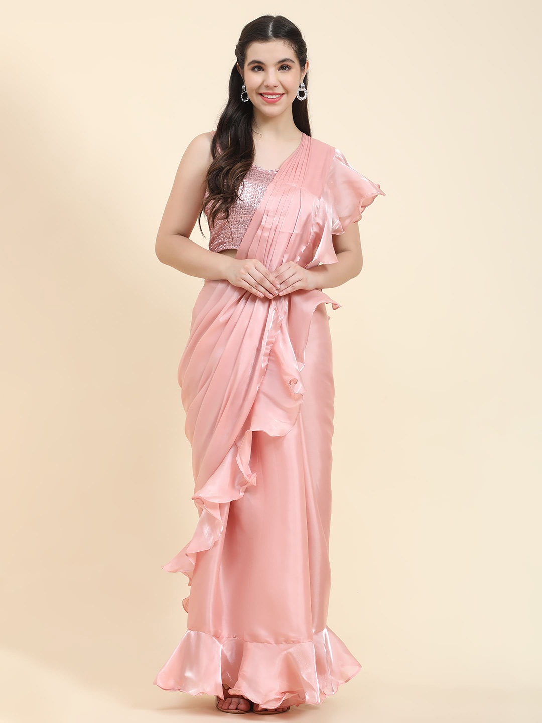 

AMOHA TRENDZ Sequinned Satin Ready to Wear Saree, Peach