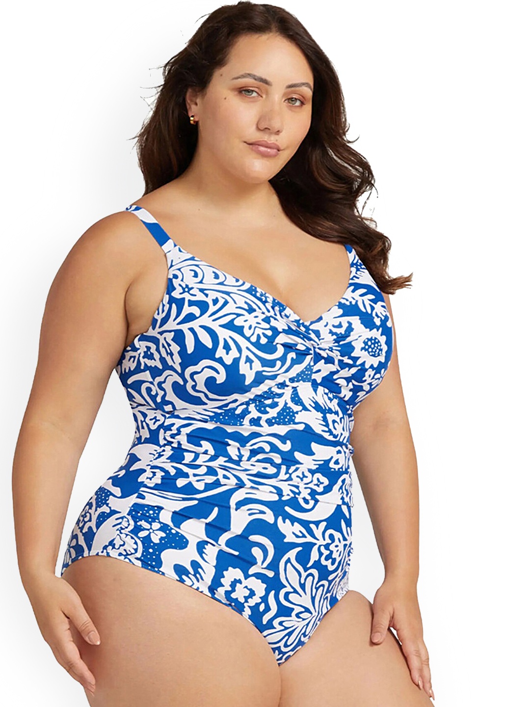 

LULU & SKY Plus Size Floral Printed V-Neck Bodysuit Swimwear, Blue