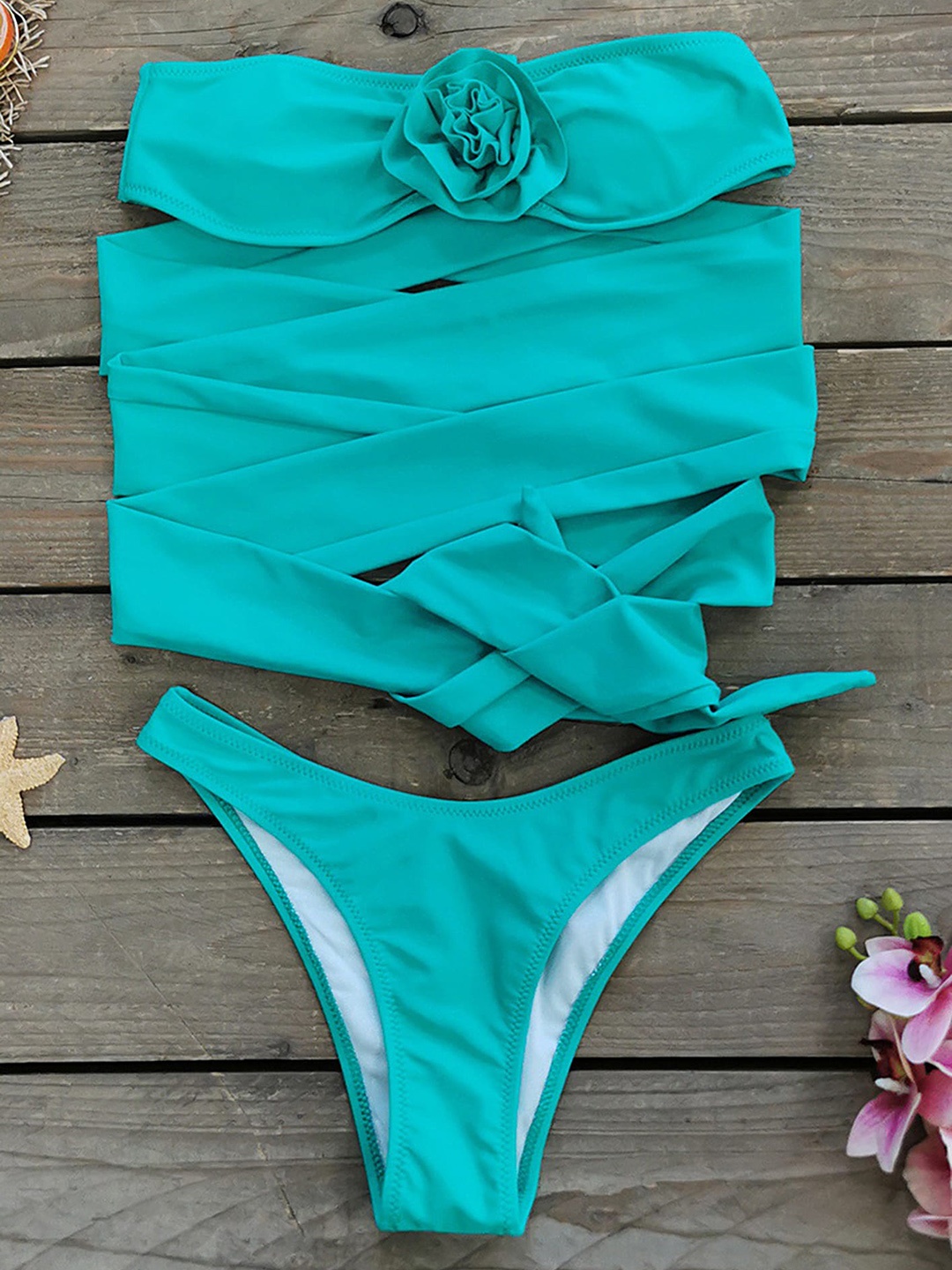 

LULU & SKY Floral Strapless Neck Swim Bikini Set, Green