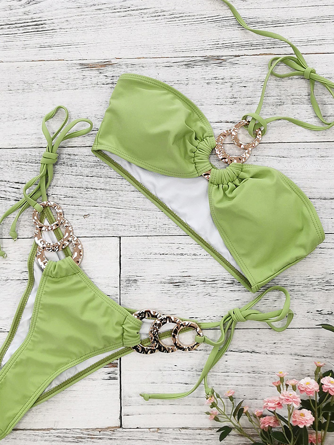 

LULU & SKY Metal Ring Detail Halter Neck Swim Bikini Set, Green
