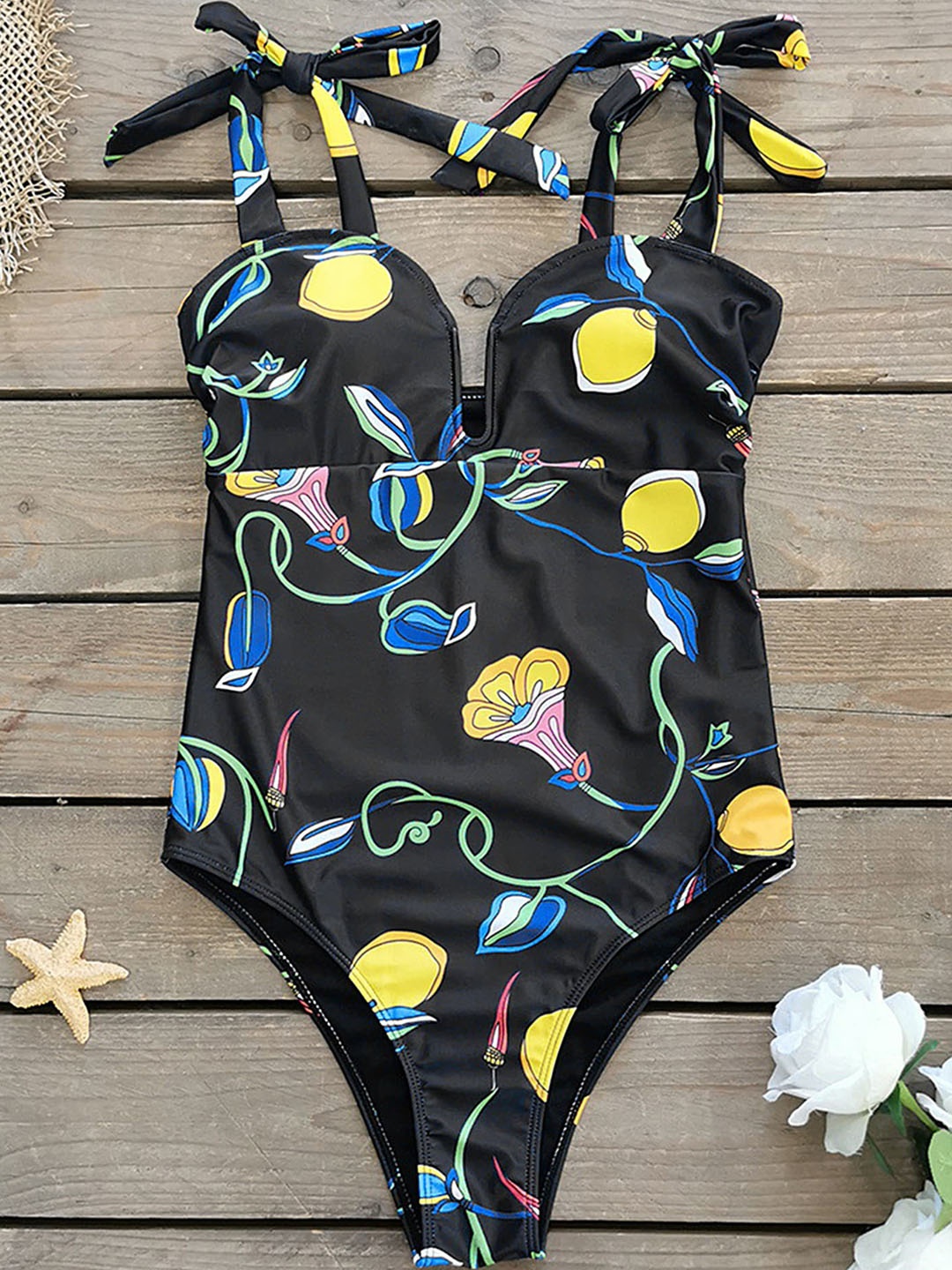 

LULU & SKY Printed Tie-up Shoulder Bodysuit, Black