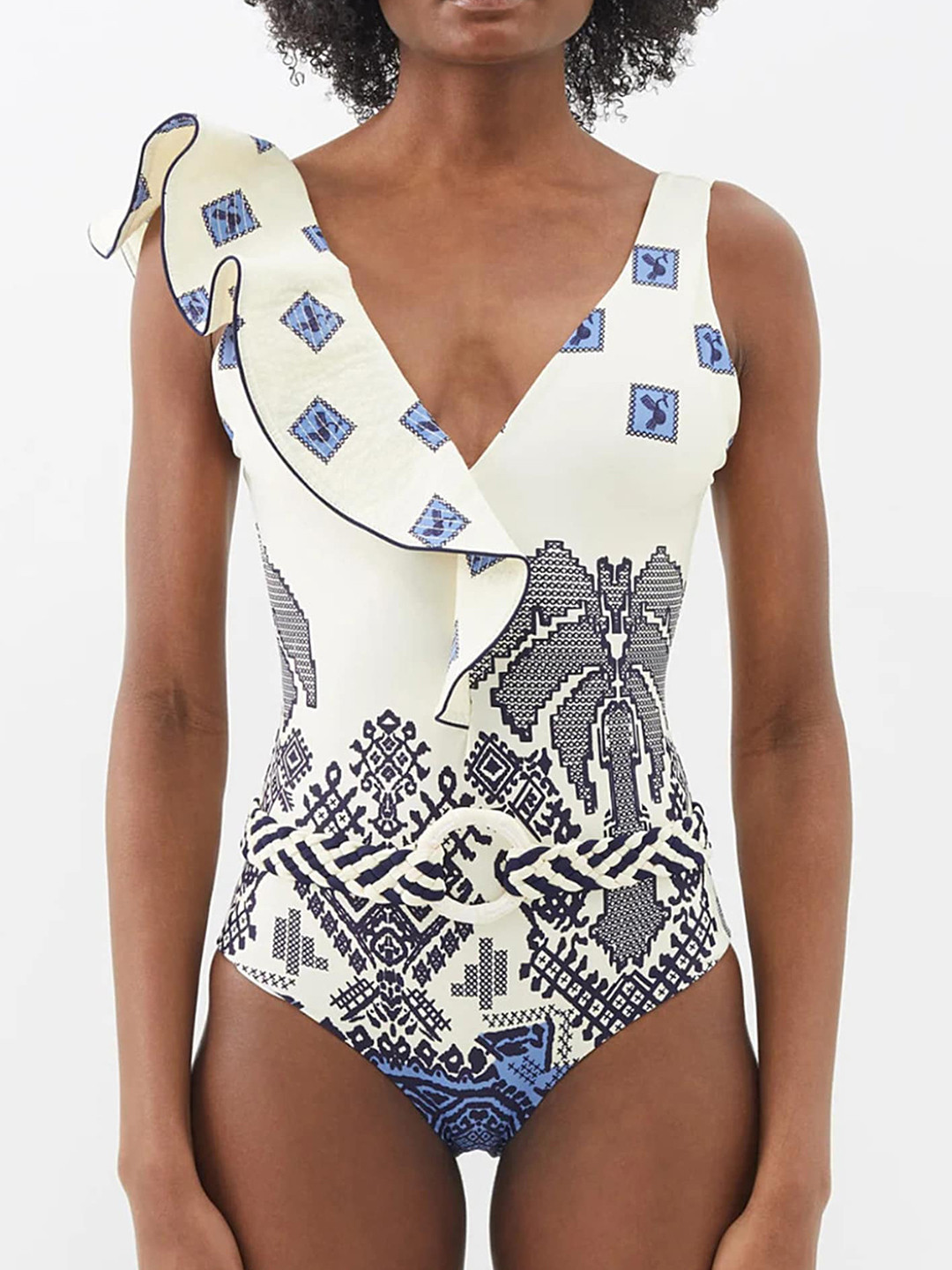 

LULU & SKY Printed Ruffled Sleeveless Bodysuit Swimwear, White