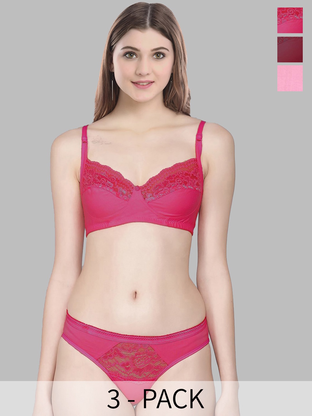 

AROUSY Pack Of 3 Self Design Cotton Lingerie Set, Red