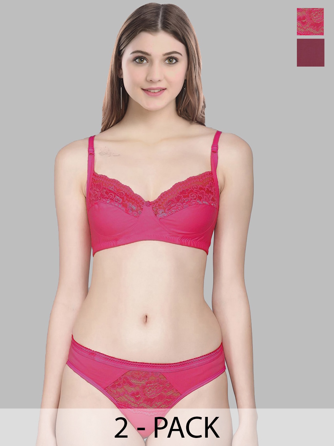 AROUSY Pack Of 2 Self Design Cotton Lingerie Set, Red