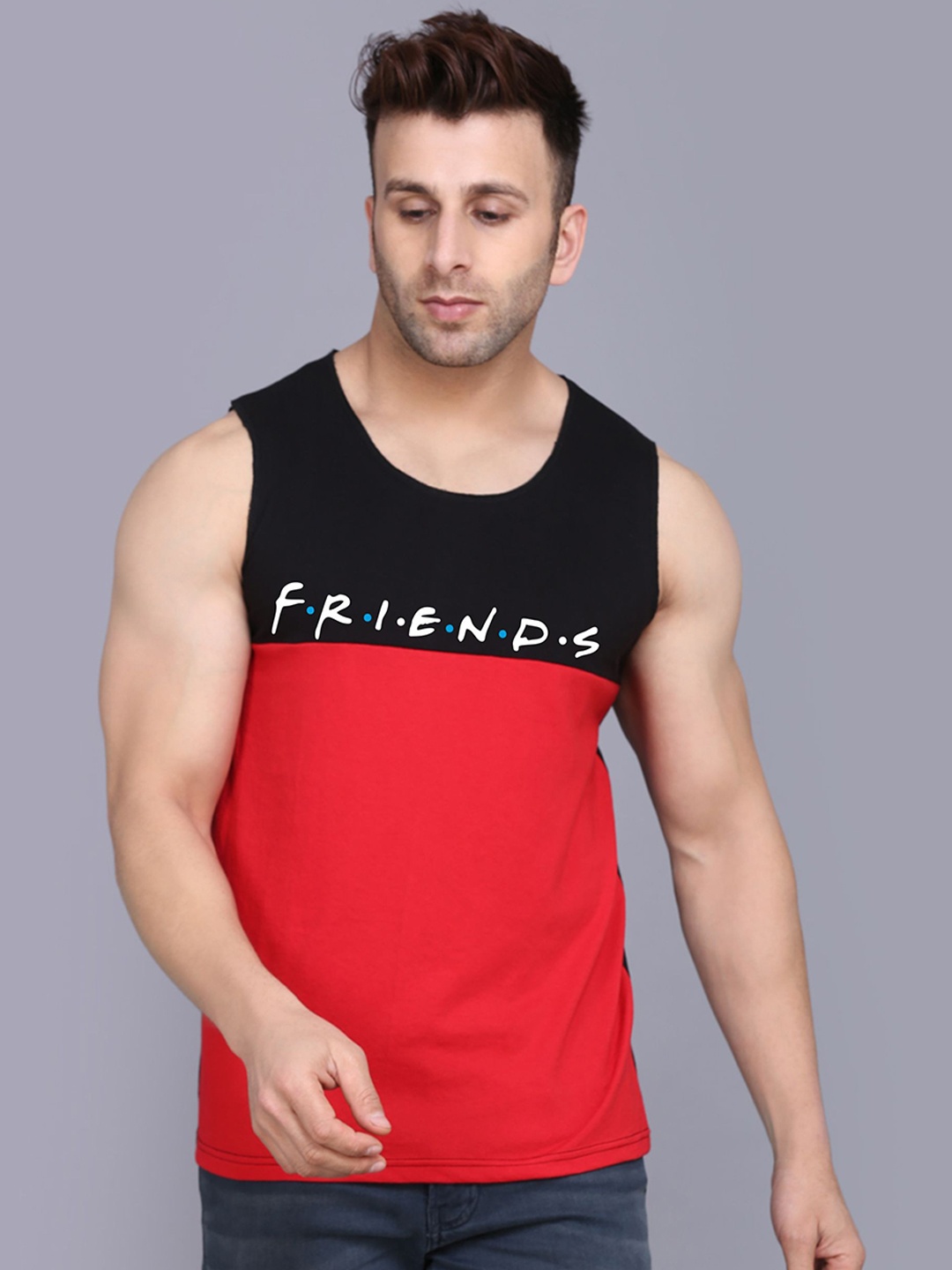 

SLOWLORIS Friends Printed Bio Wash Innerwear Gym Vests, Black