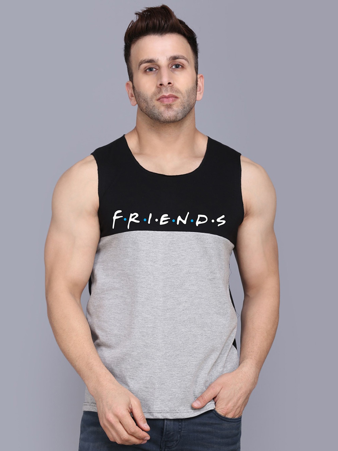 

SLOWLORIS Friends Printed Bio Wash Innerwear Gym Vests, Black