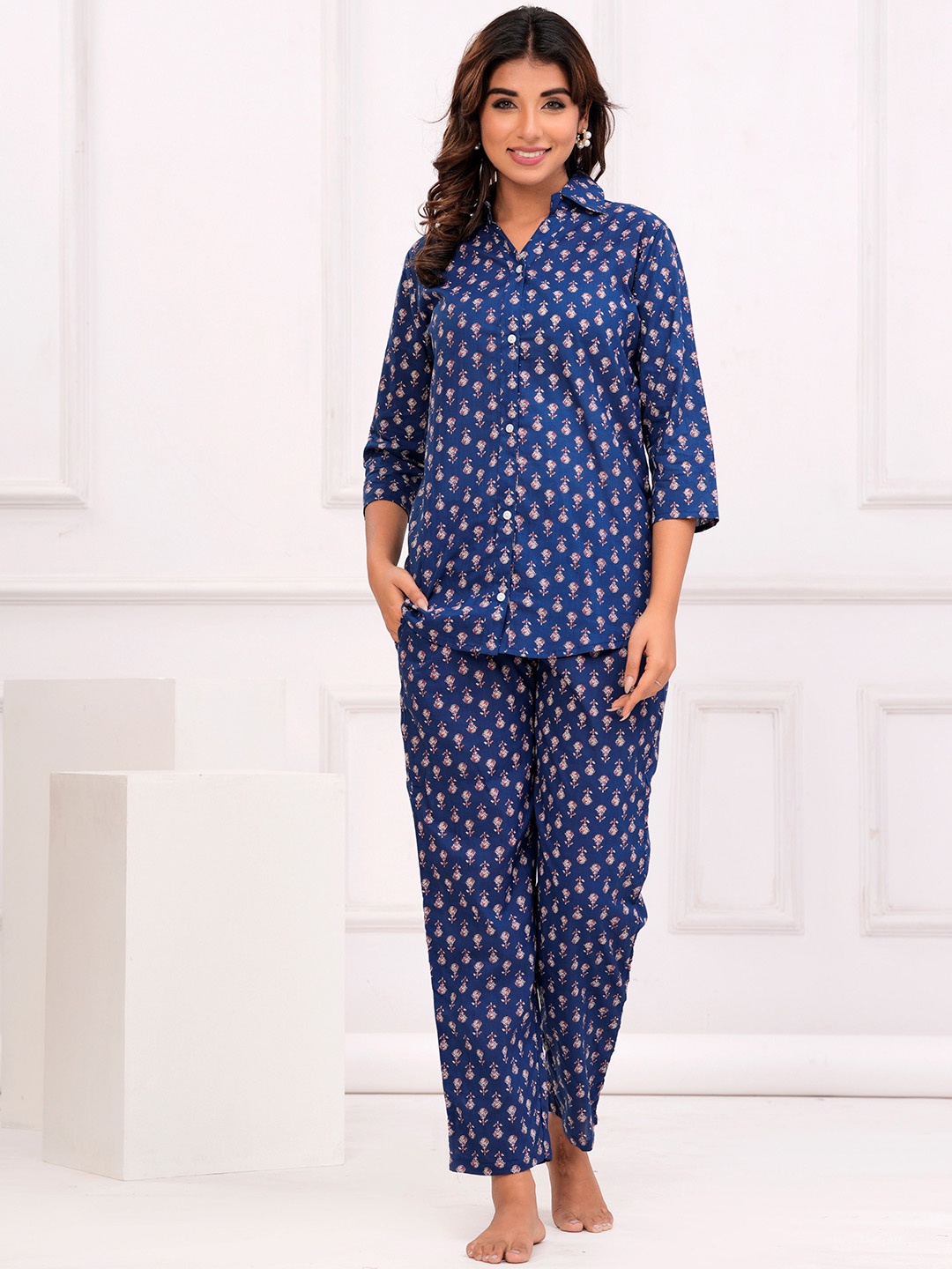 

Ichaa Floral Printed Pure Cotton Night suit, Blue